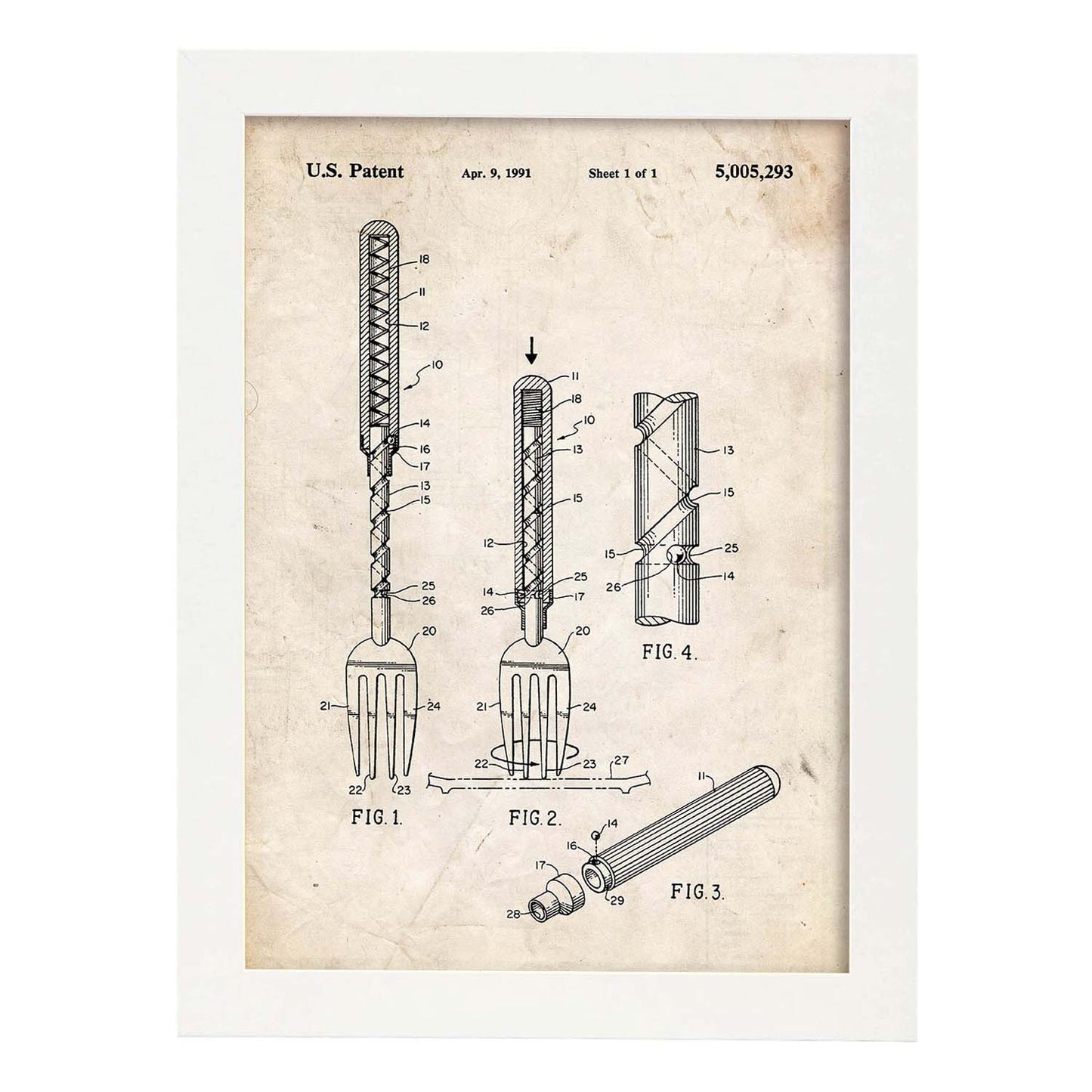 Poster con patente de Tenedor 2. Lámina con diseño de patente antigua.-Artwork-Nacnic-A3-Marco Blanco-Nacnic Estudio SL