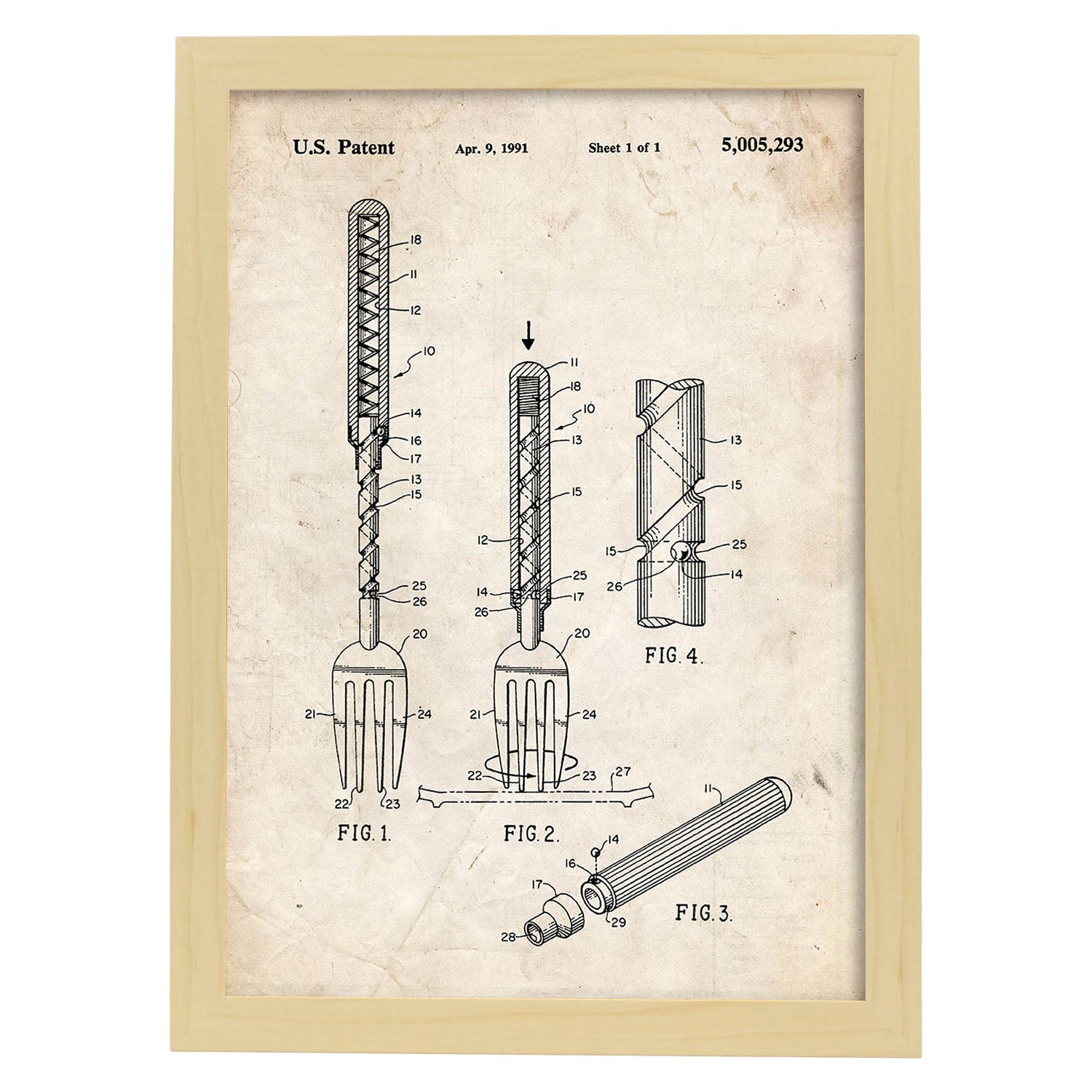 Poster con patente de Tenedor 2. Lámina con diseño de patente antigua.-Artwork-Nacnic-A3-Marco Madera clara-Nacnic Estudio SL