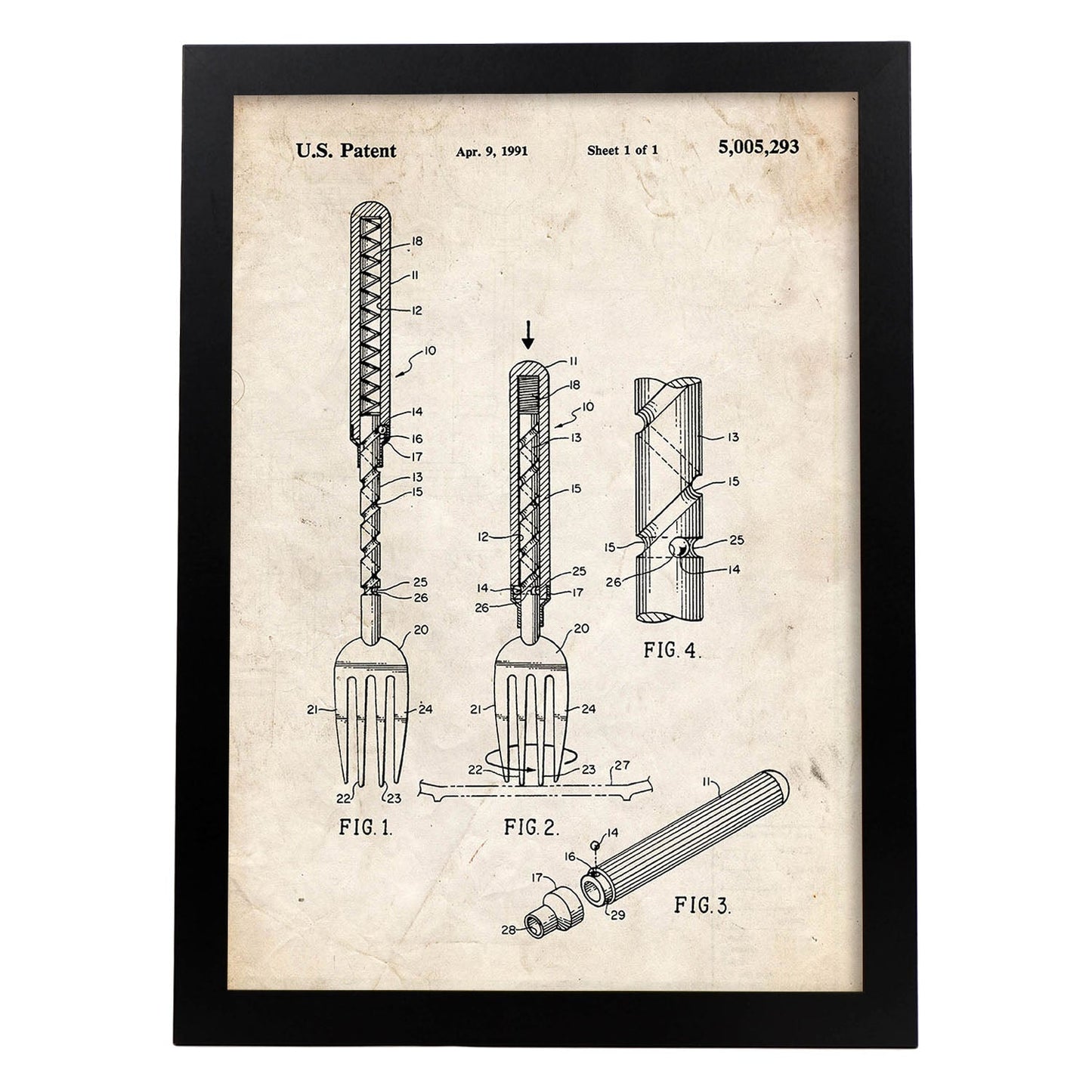 Poster con patente de Tenedor 2. Lámina con diseño de patente antigua.-Artwork-Nacnic-A3-Marco Negro-Nacnic Estudio SL
