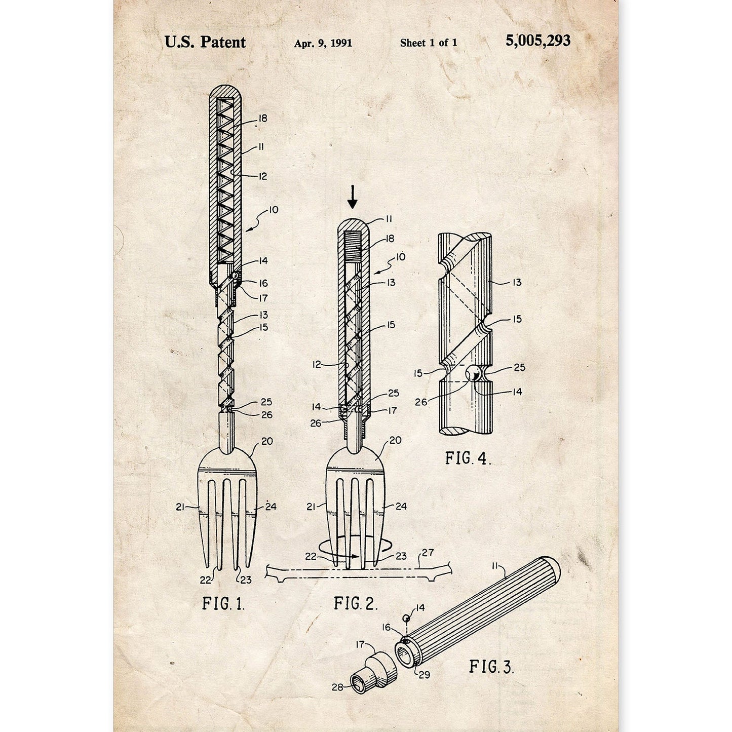 Poster con patente de Tenedor 2. Lámina con diseño de patente antigua.-Artwork-Nacnic-A4-Sin marco-Nacnic Estudio SL