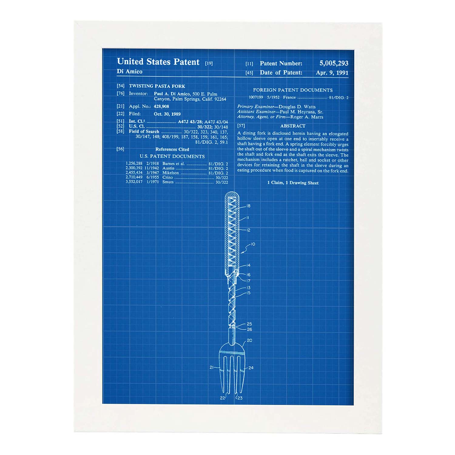Poster con patente de Tenedor. Lámina con diseño de patente antigua-Artwork-Nacnic-A3-Marco Blanco-Nacnic Estudio SL