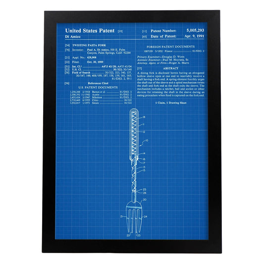 Poster con patente de Tenedor. Lámina con diseño de patente antigua-Artwork-Nacnic-A4-Marco Negro-Nacnic Estudio SL