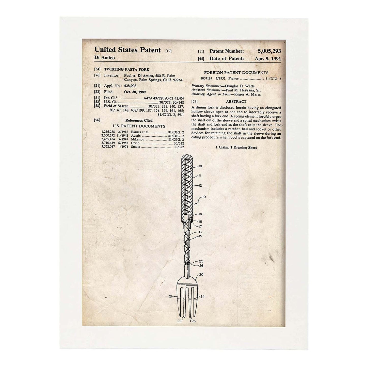 Poster con patente de Tenedor. Lámina con diseño de patente antigua.-Artwork-Nacnic-A3-Marco Blanco-Nacnic Estudio SL