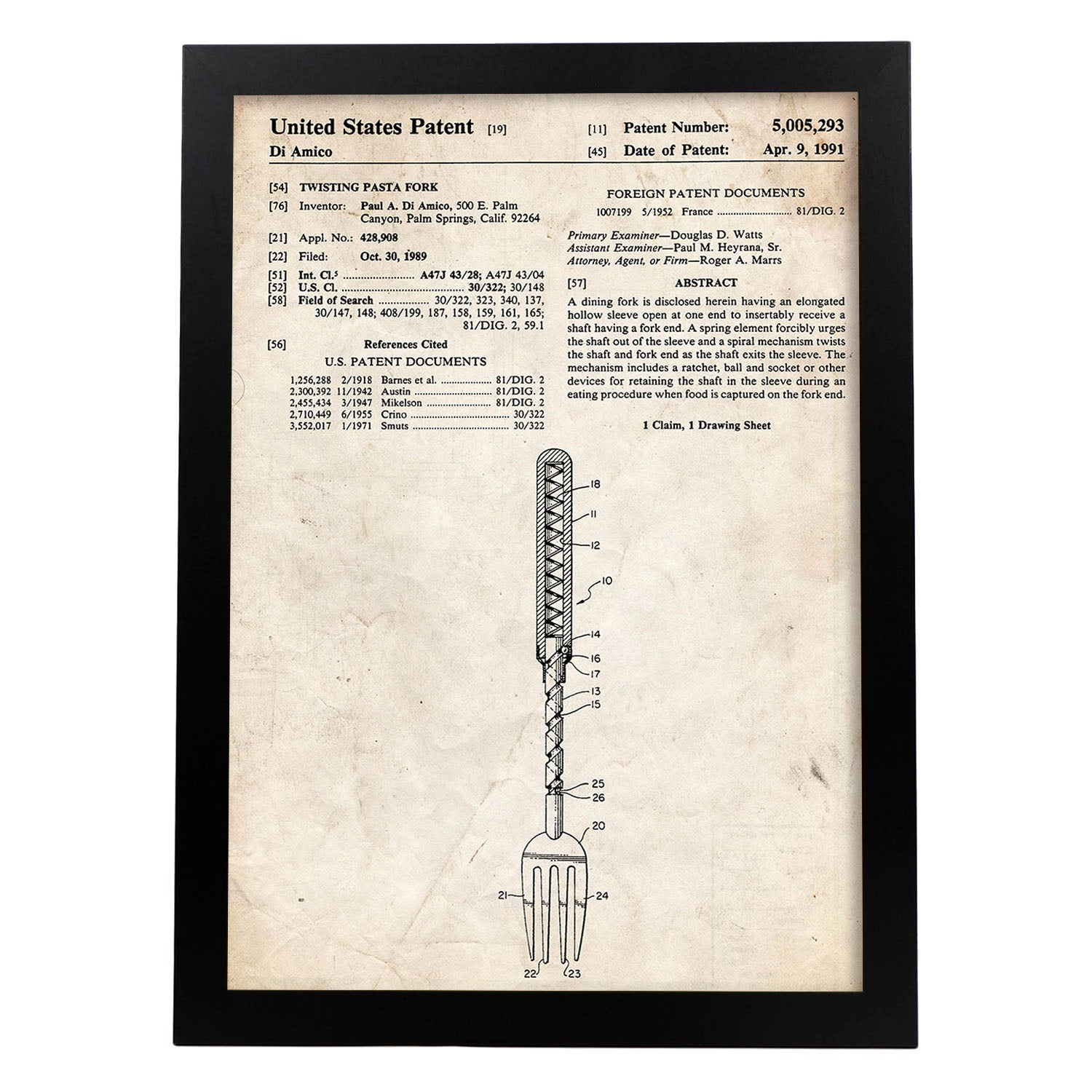 Poster con patente de Tenedor. Lámina con diseño de patente antigua.-Artwork-Nacnic-A3-Marco Negro-Nacnic Estudio SL