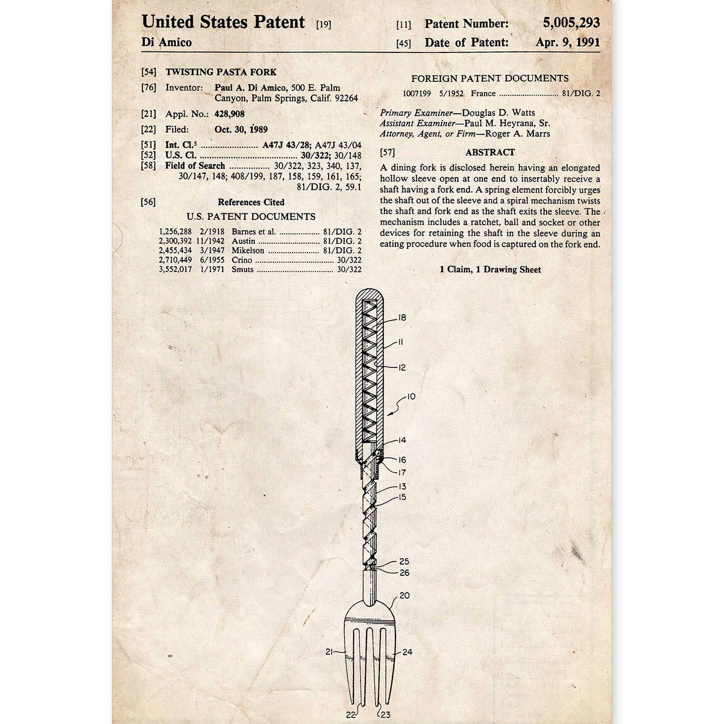 Poster con patente de Tenedor. Lámina con diseño de patente antigua.-Artwork-Nacnic-A4-Sin marco-Nacnic Estudio SL