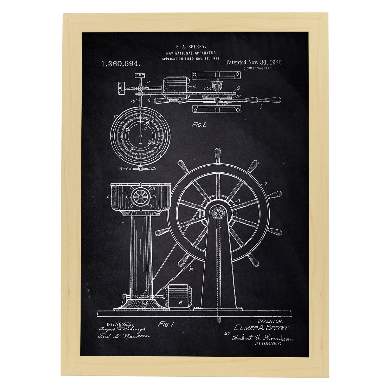 Poster con patente de Timon. Lámina con diseño de patente antigua-Artwork-Nacnic-A4-Marco Madera clara-Nacnic Estudio SL