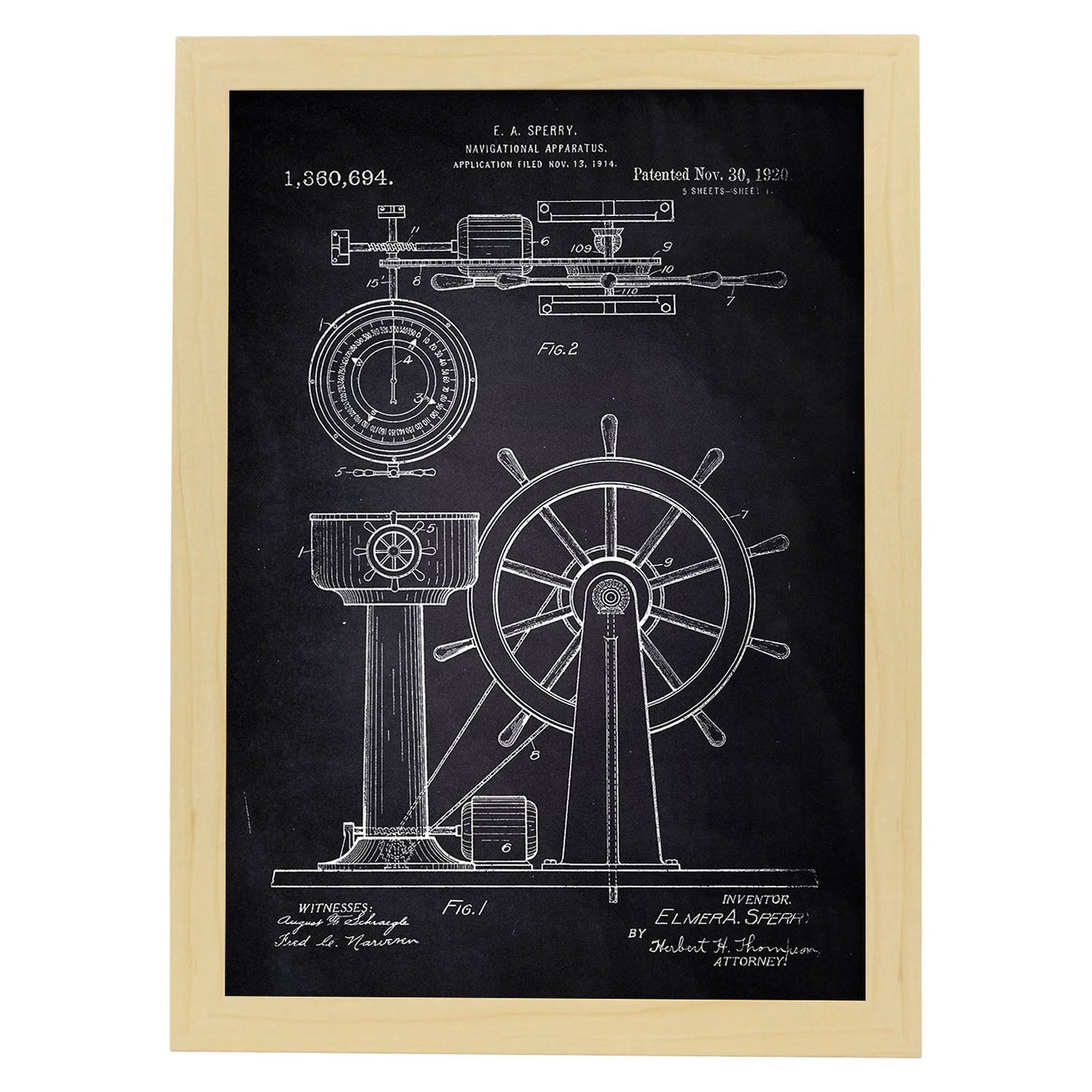Poster con patente de Timon. Lámina con diseño de patente antigua-Artwork-Nacnic-A4-Marco Madera clara-Nacnic Estudio SL