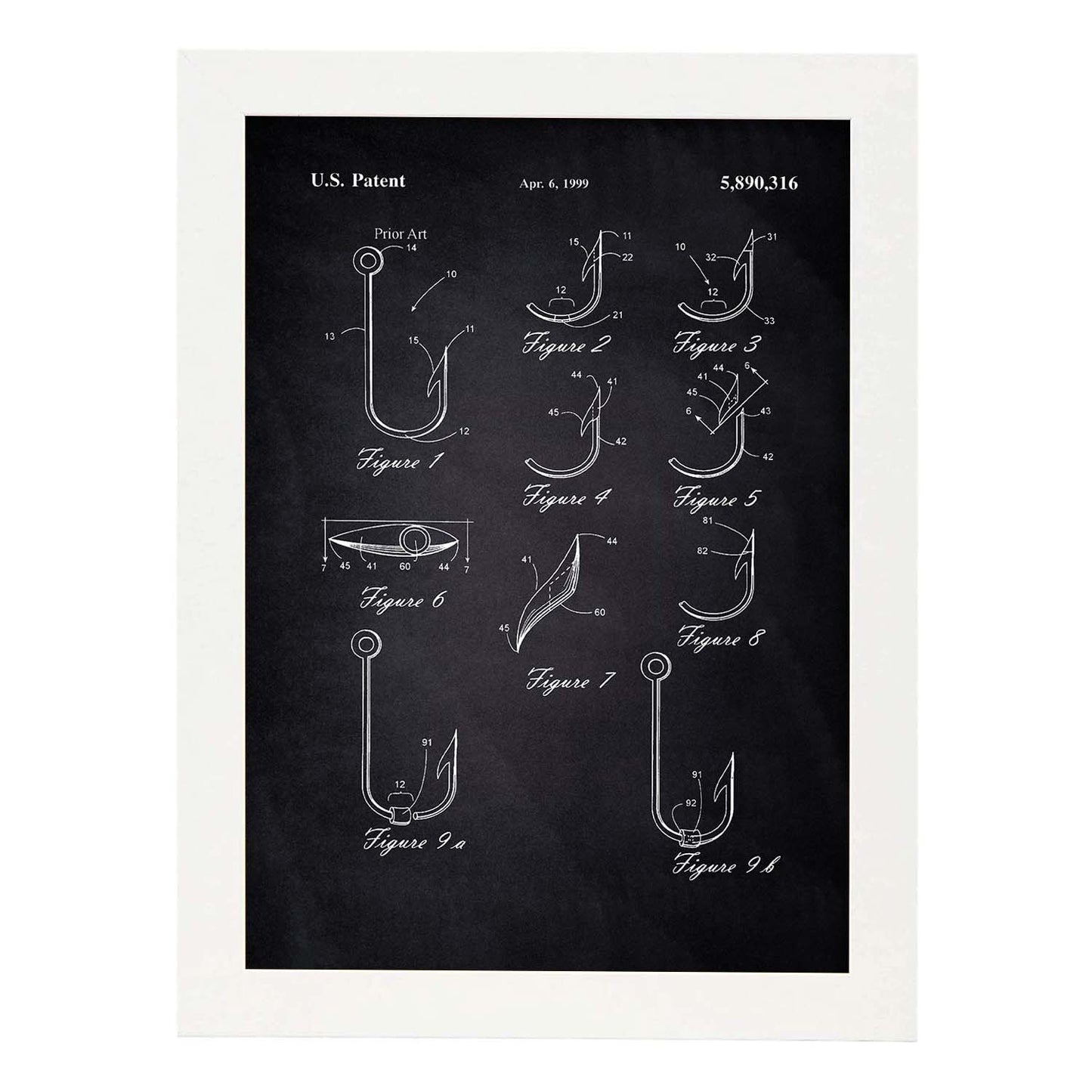 Poster con patente de Tipos de anzuelos. Lámina con diseño de patente antigua-Artwork-Nacnic-A4-Marco Blanco-Nacnic Estudio SL