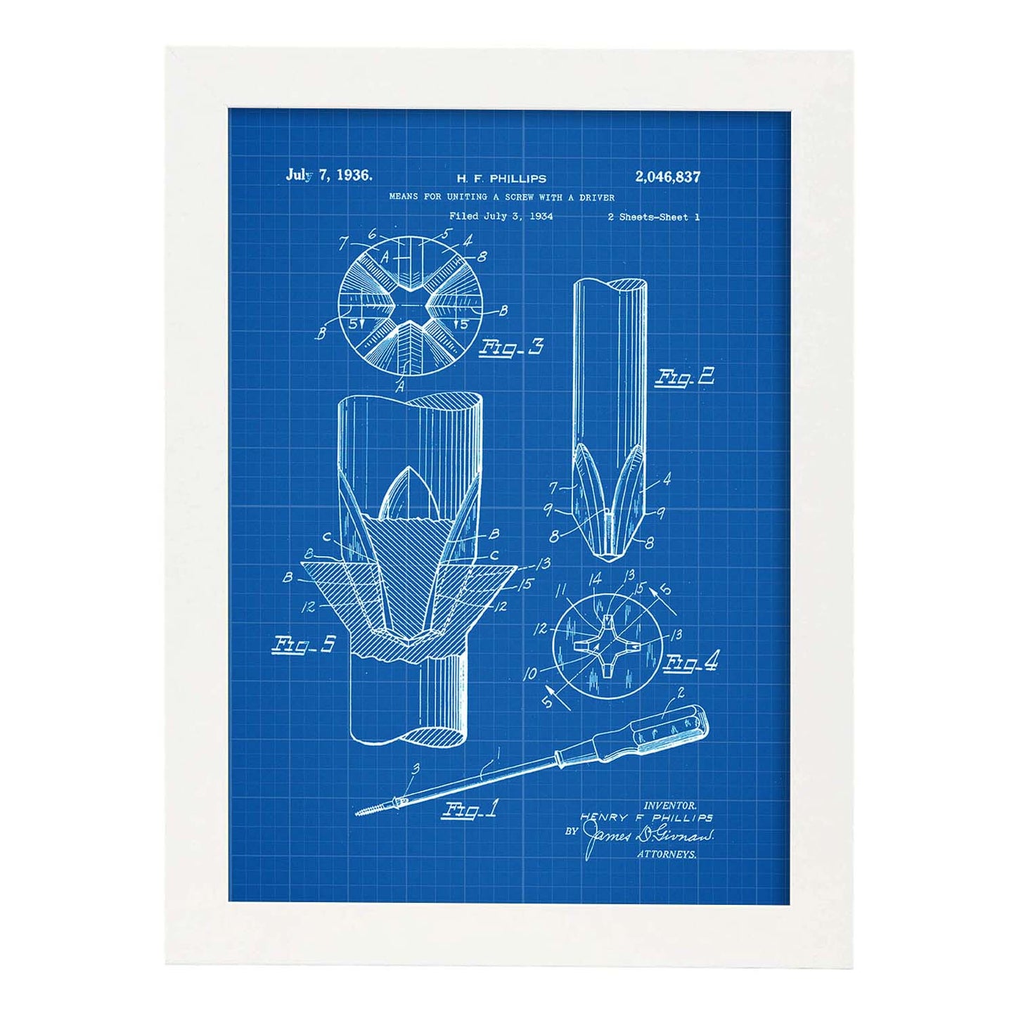 Poster con patente de Tornillo. Lámina con diseño de patente antigua-Artwork-Nacnic-A3-Marco Blanco-Nacnic Estudio SL
