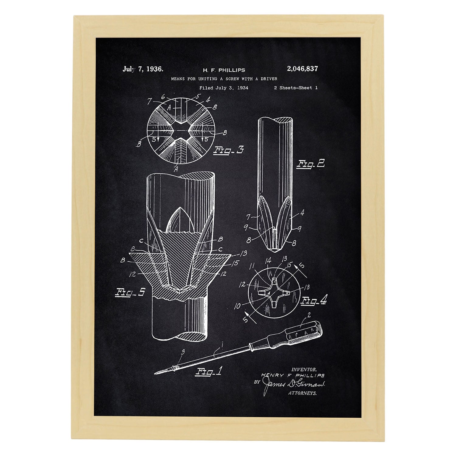 Poster con patente de Tornillo. Lámina con diseño de patente antigua-Artwork-Nacnic-A3-Marco Madera clara-Nacnic Estudio SL