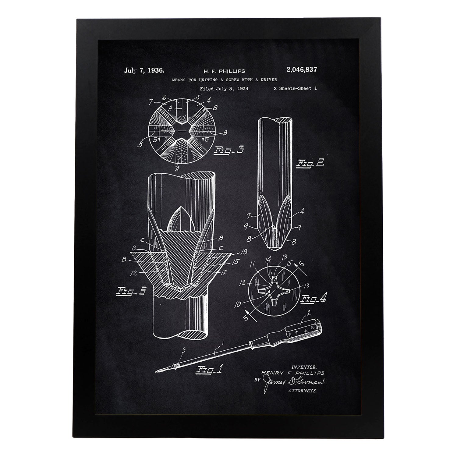 Poster con patente de Tornillo. Lámina con diseño de patente antigua-Artwork-Nacnic-A3-Marco Negro-Nacnic Estudio SL