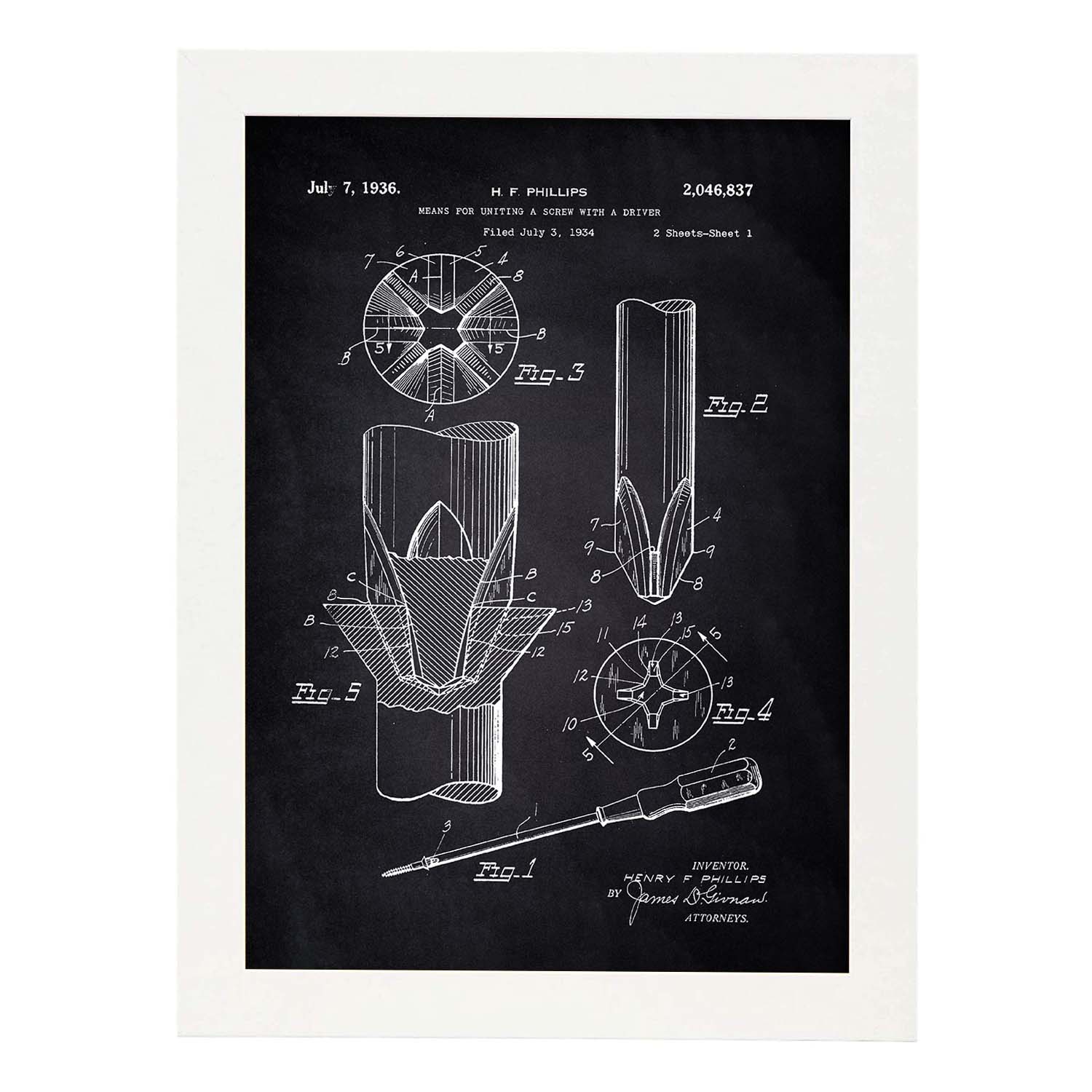 Poster con patente de Tornillo. Lámina con diseño de patente antigua-Artwork-Nacnic-A4-Marco Blanco-Nacnic Estudio SL
