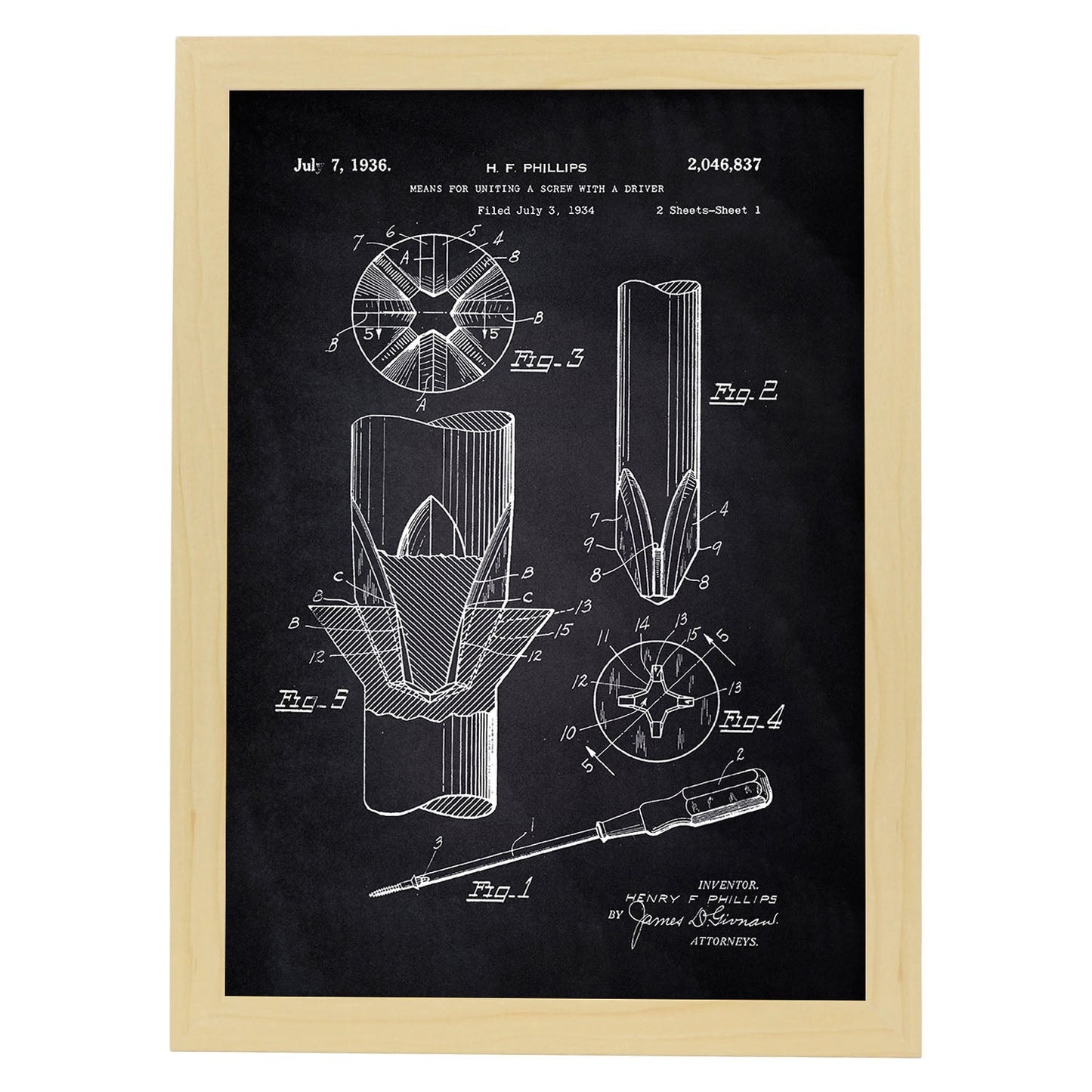 Poster con patente de Tornillo. Lámina con diseño de patente antigua-Artwork-Nacnic-A4-Marco Madera clara-Nacnic Estudio SL