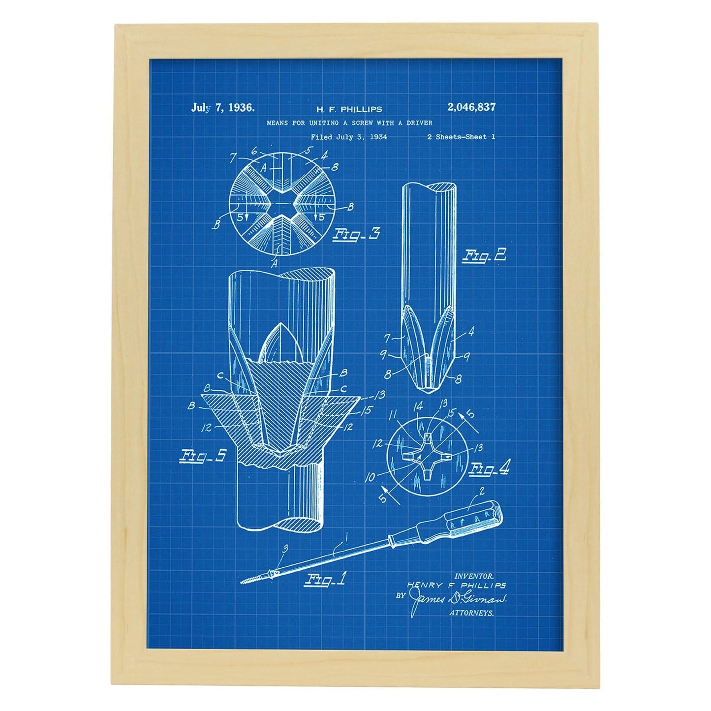 Poster con patente de Tornillo. Lámina con diseño de patente antigua-Artwork-Nacnic-A4-Marco Madera clara-Nacnic Estudio SL