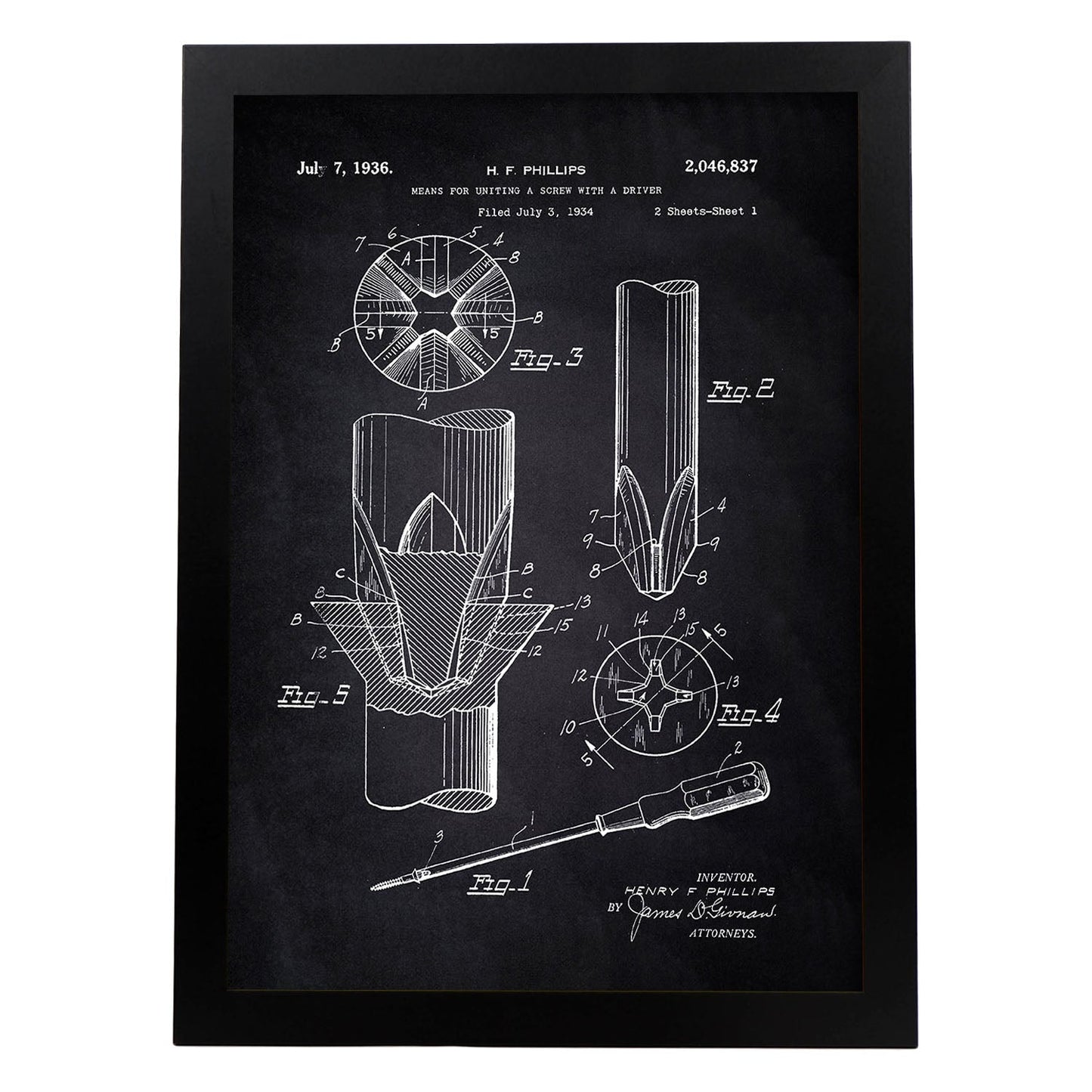 Poster con patente de Tornillo. Lámina con diseño de patente antigua-Artwork-Nacnic-A4-Marco Negro-Nacnic Estudio SL