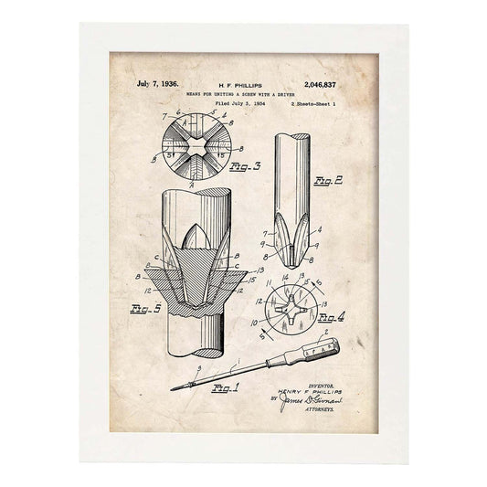 Poster con patente de Tornillo. Lámina con diseño de patente antigua.-Artwork-Nacnic-A4-Marco Blanco-Nacnic Estudio SL