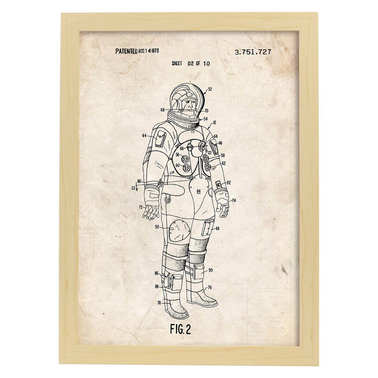Poster con patente de Traje interno astronauta. Lámina con diseño de patente antigua.-Artwork-Nacnic-A3-Marco Madera clara-Nacnic Estudio SL