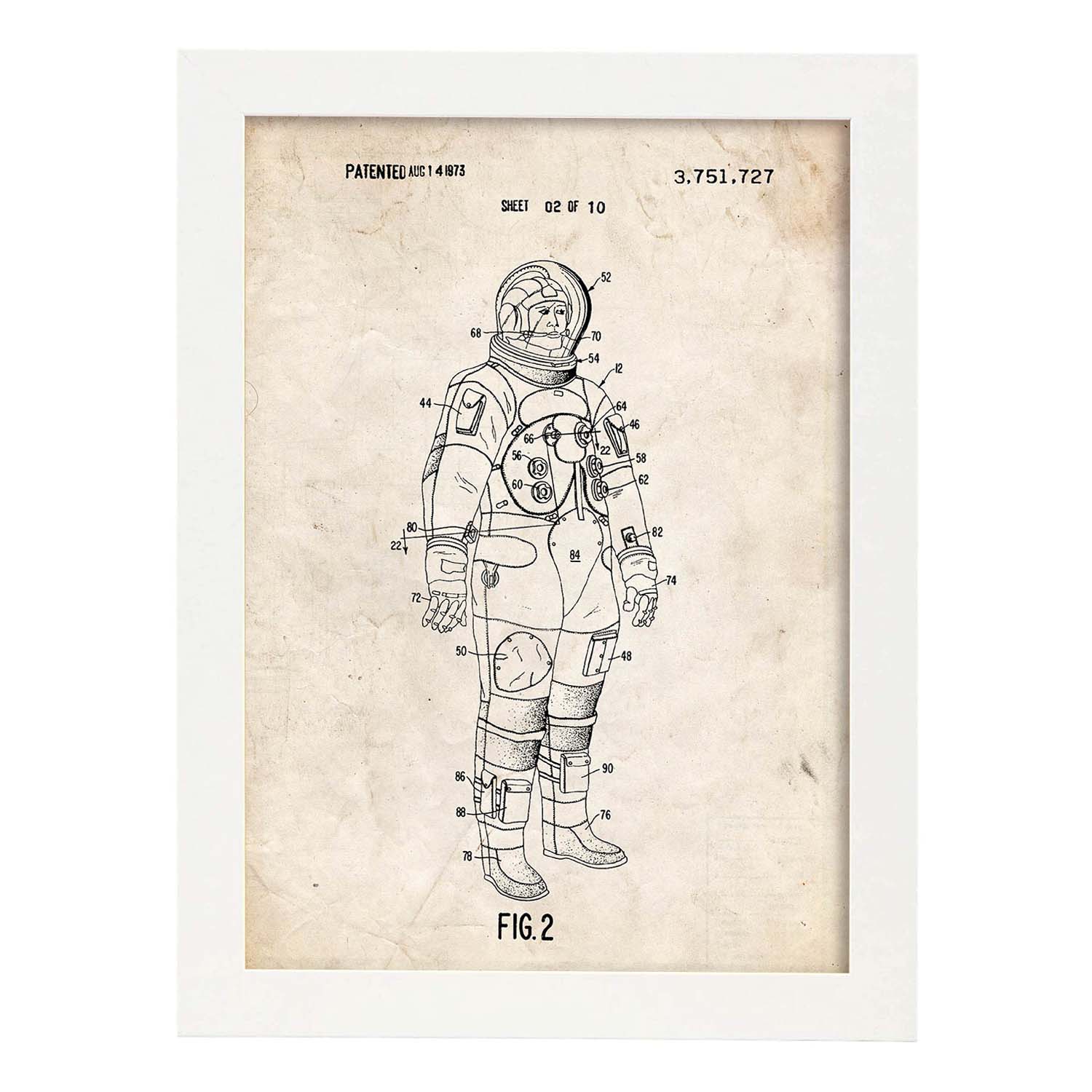 Poster con patente de Traje interno astronauta. Lámina con diseño de patente antigua.-Artwork-Nacnic-A4-Marco Blanco-Nacnic Estudio SL