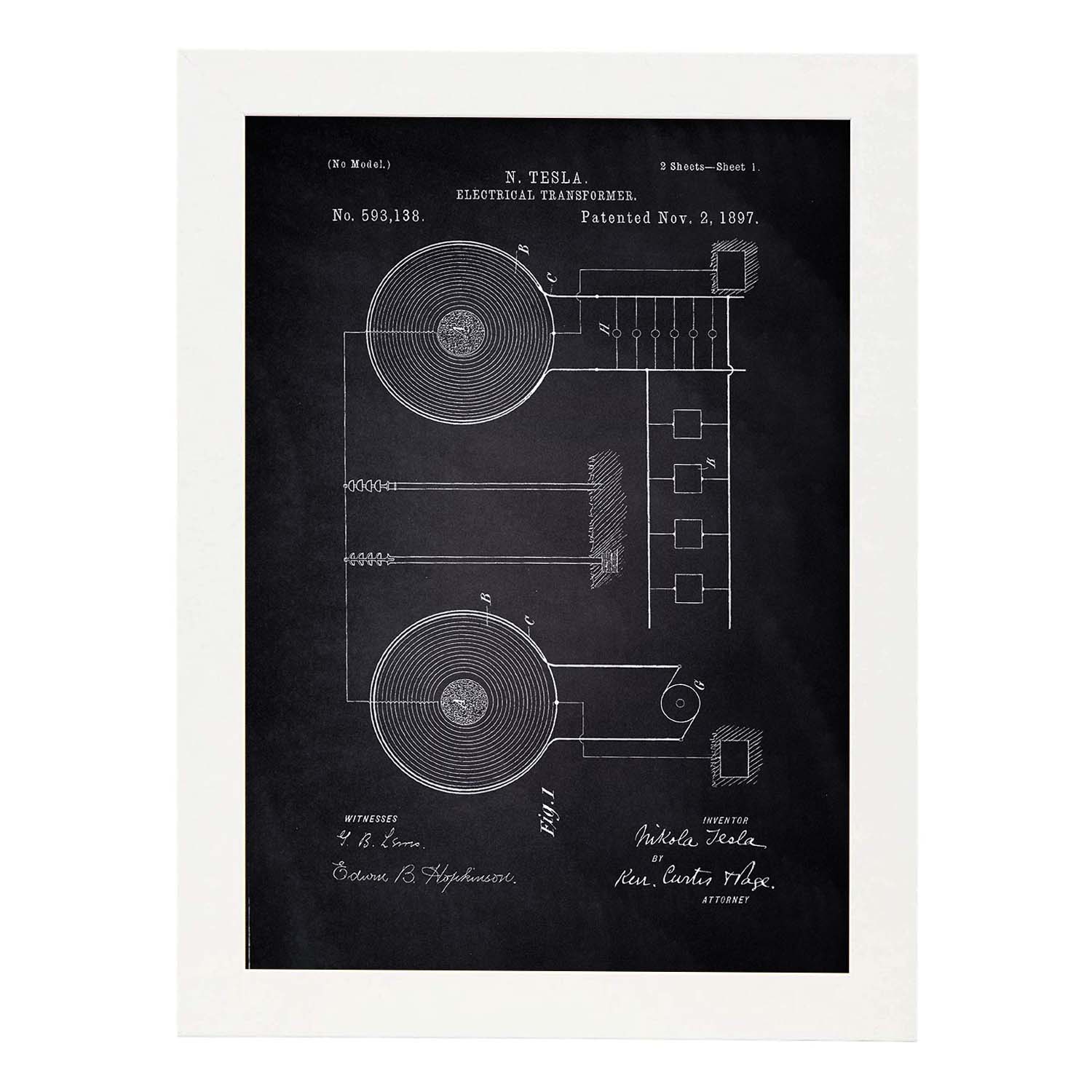 Poster con patente de Transformador electrico. Lámina con diseño de patente antigua-Artwork-Nacnic-A3-Marco Blanco-Nacnic Estudio SL