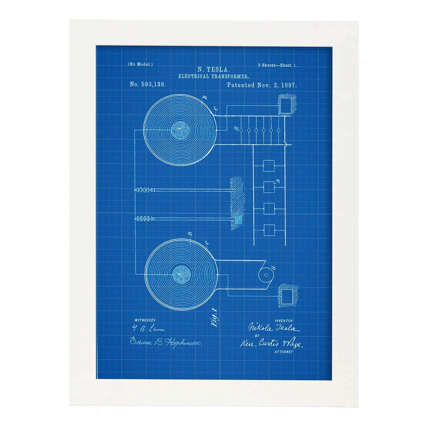 Poster con patente de Transformador electrico. Lámina con diseño de patente antigua-Artwork-Nacnic-A3-Marco Blanco-Nacnic Estudio SL