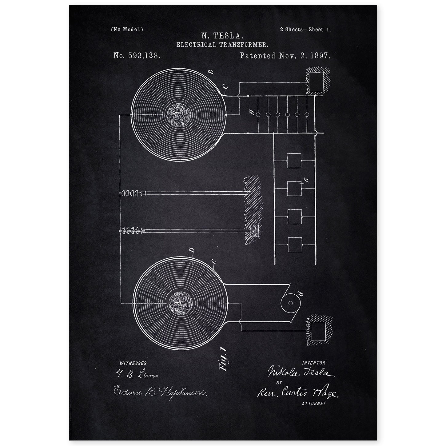 Poster con patente de Transformador electrico. Lámina con diseño de patente antigua-Artwork-Nacnic-A4-Sin marco-Nacnic Estudio SL