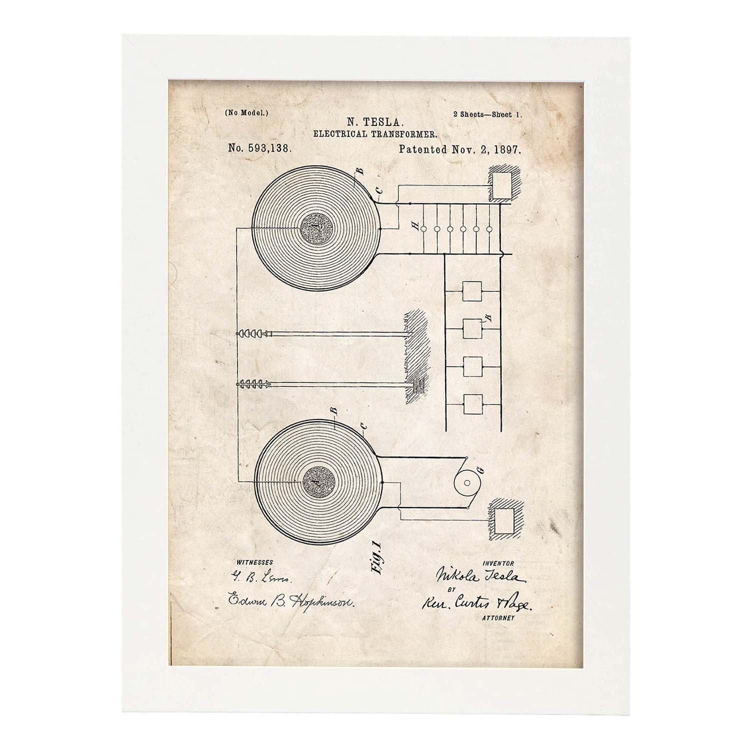 Poster con patente de Transformador electrico. Lámina con diseño de patente antigua.-Artwork-Nacnic-A3-Marco Blanco-Nacnic Estudio SL
