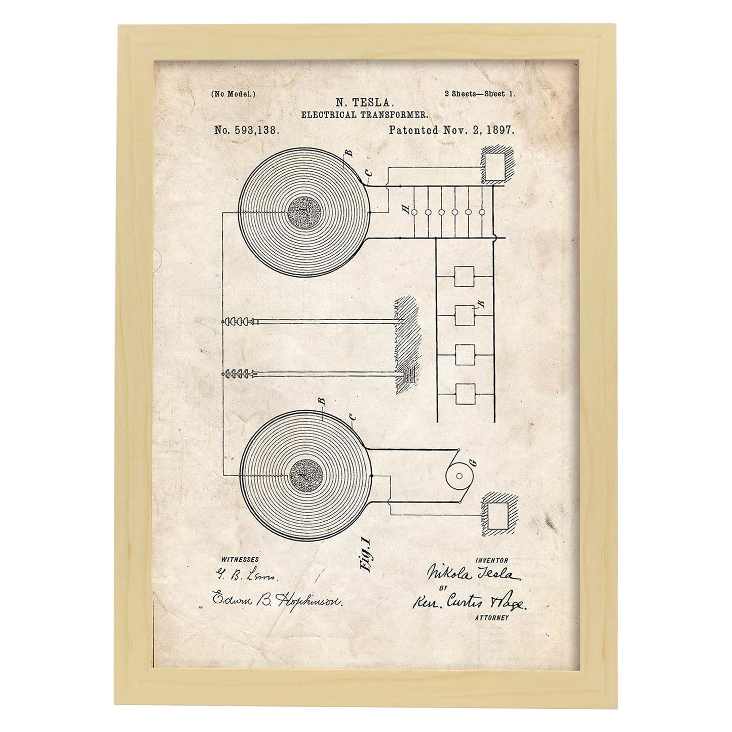 Poster con patente de Transformador electrico. Lámina con diseño de patente antigua.-Artwork-Nacnic-A3-Marco Madera clara-Nacnic Estudio SL