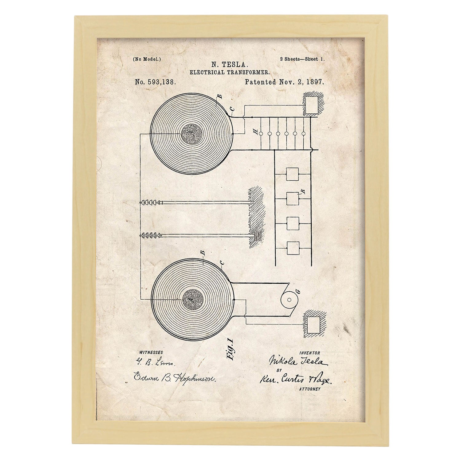 Poster con patente de Transformador electrico. Lámina con diseño de patente antigua.-Artwork-Nacnic-A3-Marco Madera clara-Nacnic Estudio SL