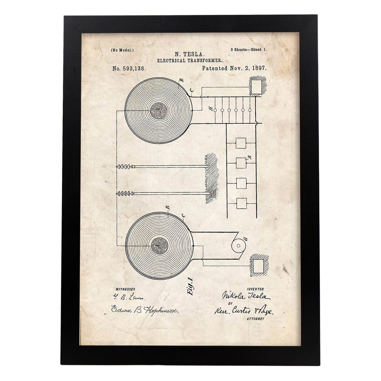Poster con patente de Transformador electrico. Lámina con diseño de patente antigua.-Artwork-Nacnic-A3-Marco Negro-Nacnic Estudio SL