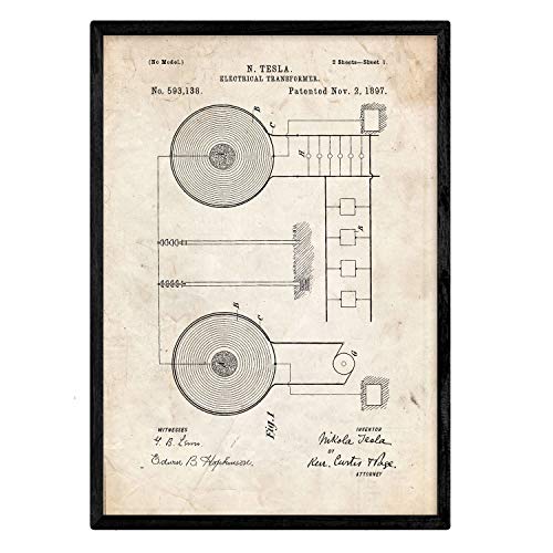 Poster con patente de Transformador electrico. Lámina con diseño de patente antigua.-Artwork-Nacnic-Nacnic Estudio SL