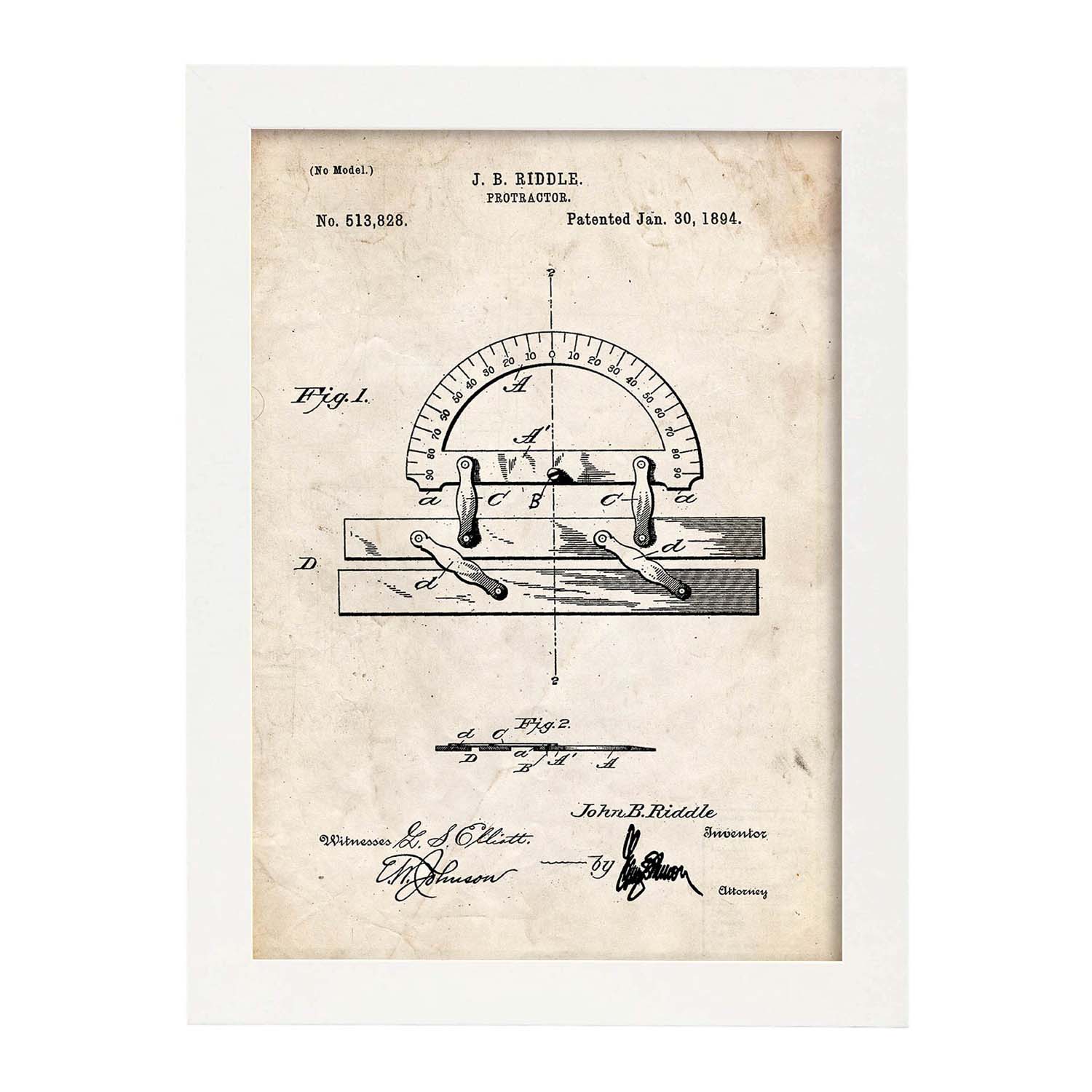 Poster con patente de Transportador de ángulos regla. Lámina con diseño de patente antigua.-Artwork-Nacnic-A3-Marco Blanco-Nacnic Estudio SL