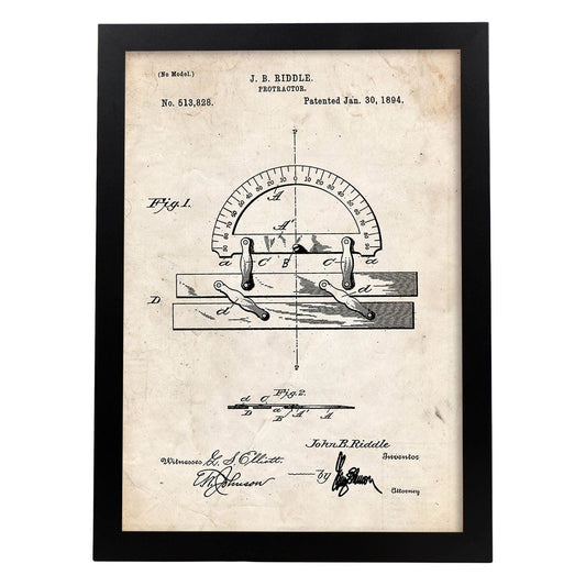 Poster con patente de Transportador de ángulos regla. Lámina con diseño de patente antigua.-Artwork-Nacnic-A3-Marco Negro-Nacnic Estudio SL