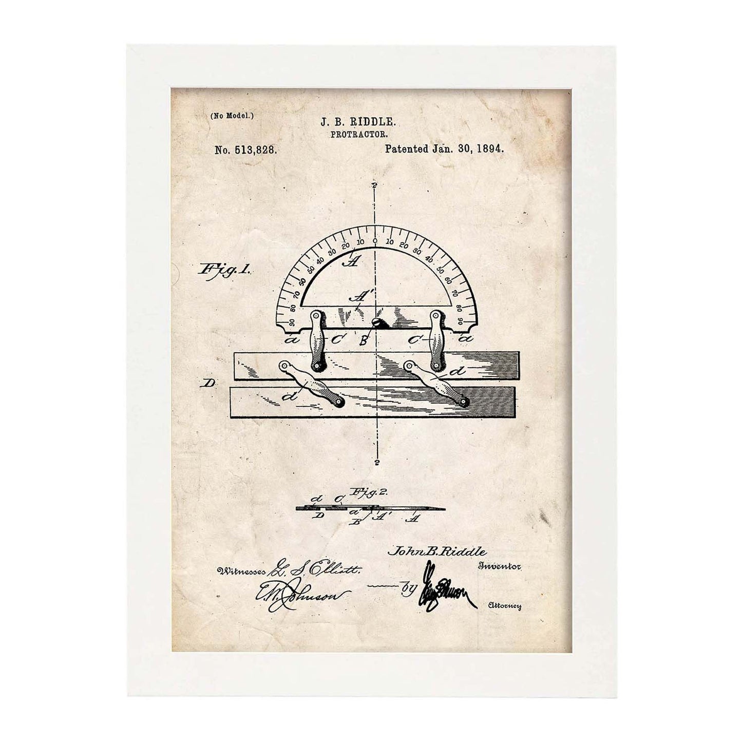 Poster con patente de Transportador de ángulos regla. Lámina con diseño de patente antigua.-Artwork-Nacnic-A4-Marco Blanco-Nacnic Estudio SL