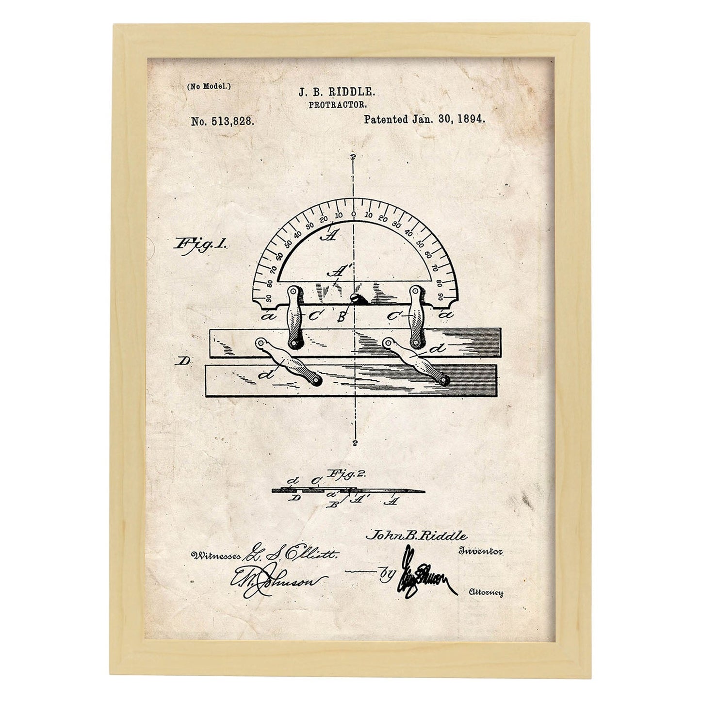 Poster con patente de Transportador de ángulos regla. Lámina con diseño de patente antigua.-Artwork-Nacnic-A4-Marco Madera clara-Nacnic Estudio SL