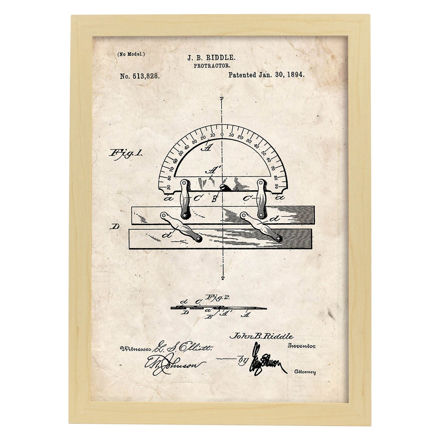 Poster con patente de Transportador de ángulos regla. Lámina con diseño de patente antigua.-Artwork-Nacnic-A4-Marco Madera clara-Nacnic Estudio SL