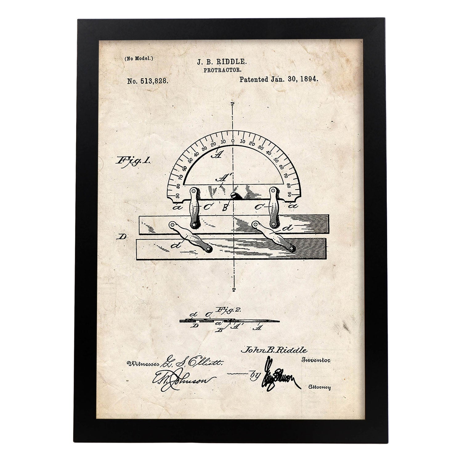 Poster con patente de Transportador de ángulos regla. Lámina con diseño de patente antigua.-Artwork-Nacnic-A4-Marco Negro-Nacnic Estudio SL