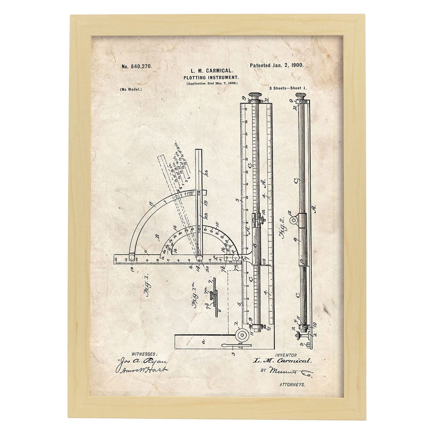 Poster con patente de Transportador de angulos. Lámina con diseño de patente antigua.-Artwork-Nacnic-A3-Marco Madera clara-Nacnic Estudio SL