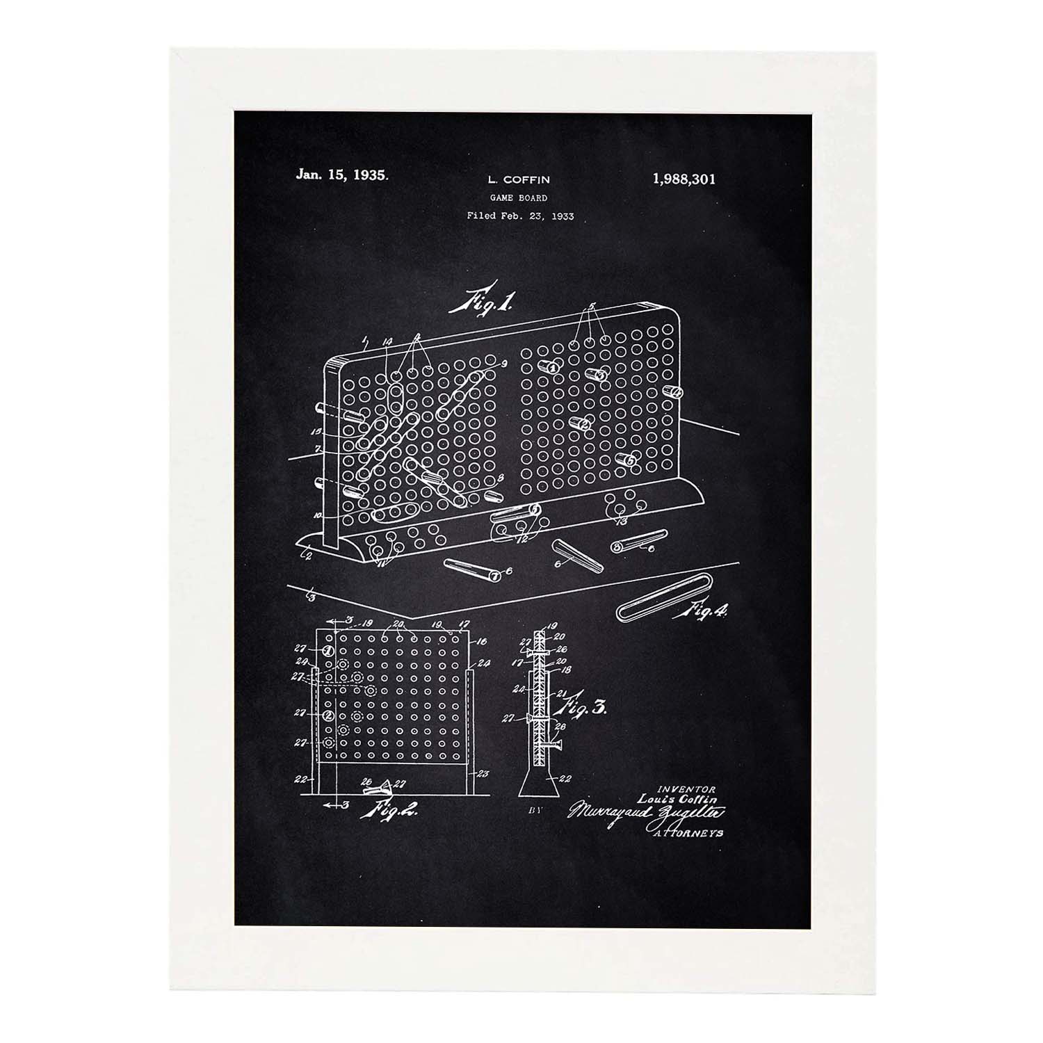 Poster con patente de Tres en raya en tablero. Lámina con diseño de patente antigua-Artwork-Nacnic-A3-Marco Blanco-Nacnic Estudio SL