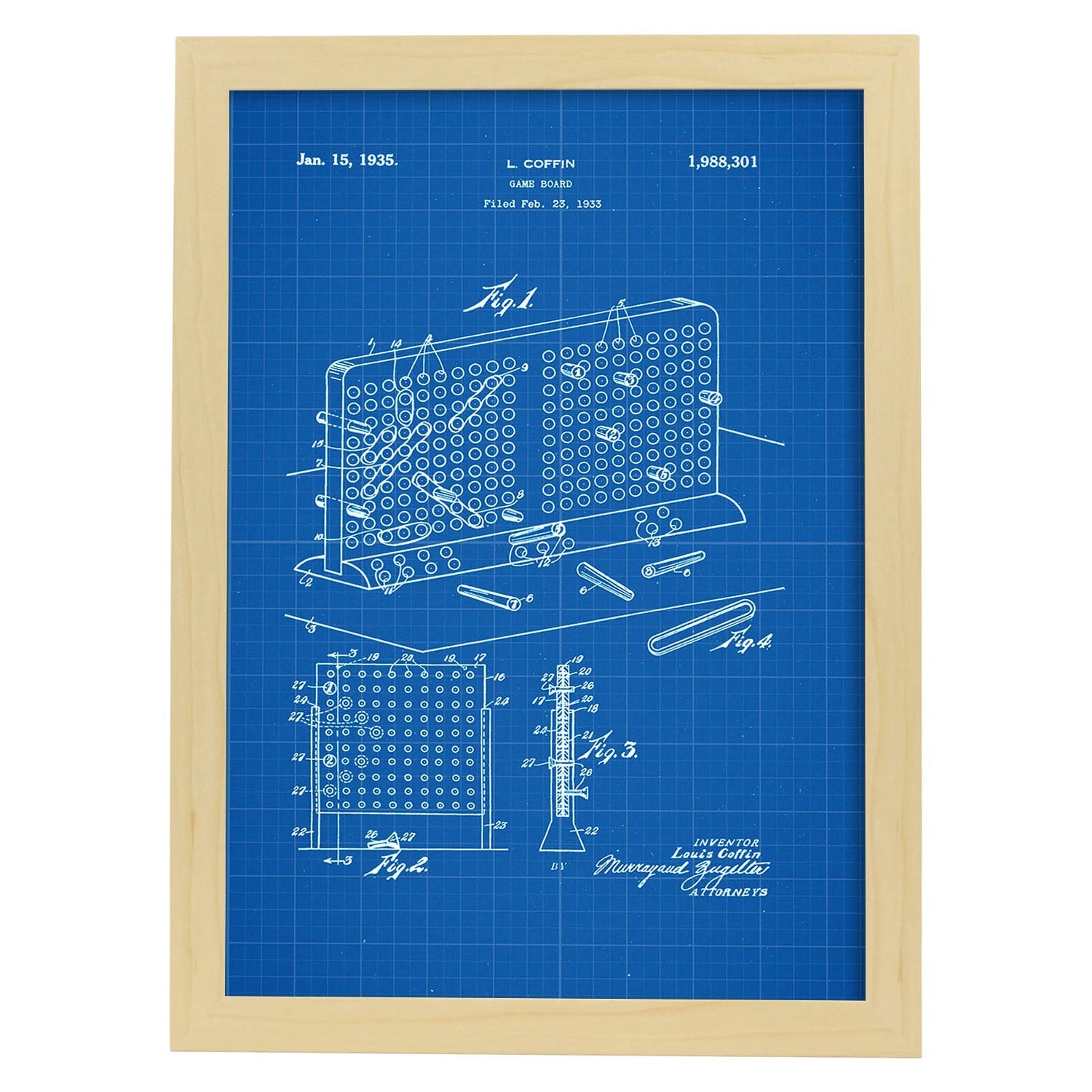 Poster con patente de Tres en raya en tablero. Lámina con diseño de patente antigua-Artwork-Nacnic-A3-Marco Madera clara-Nacnic Estudio SL