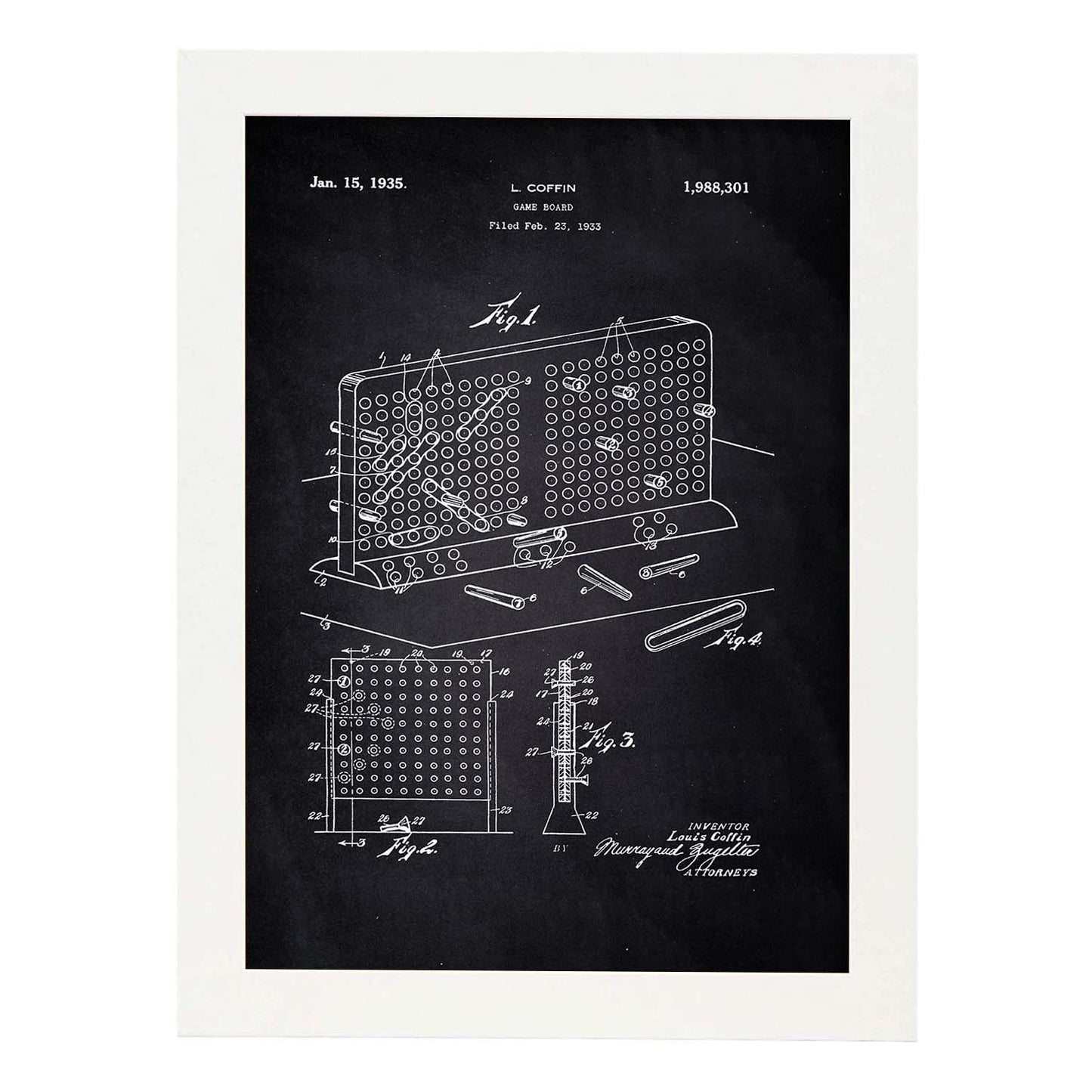 Poster con patente de Tres en raya en tablero. Lámina con diseño de patente antigua-Artwork-Nacnic-A4-Marco Blanco-Nacnic Estudio SL
