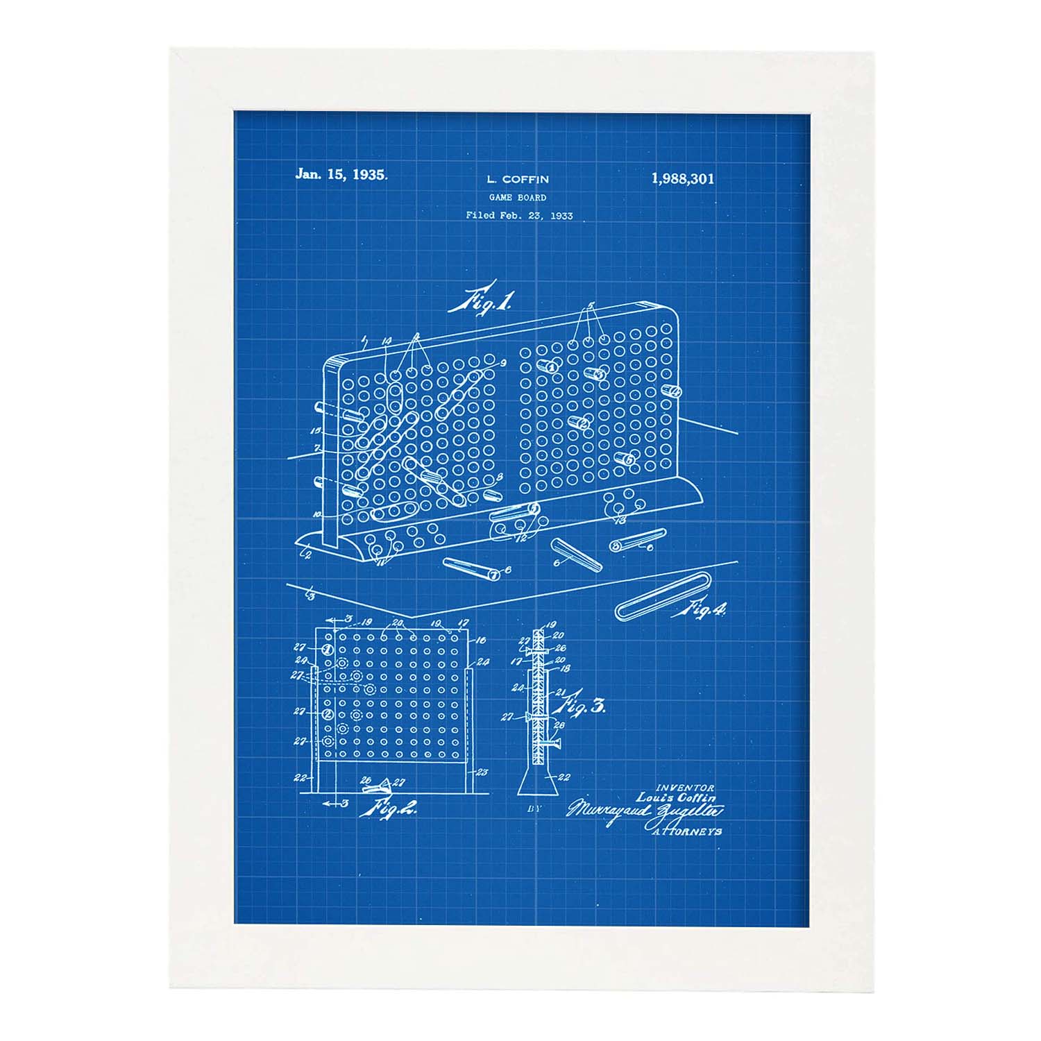 Poster con patente de Tres en raya en tablero. Lámina con diseño de patente antigua-Artwork-Nacnic-A4-Marco Blanco-Nacnic Estudio SL