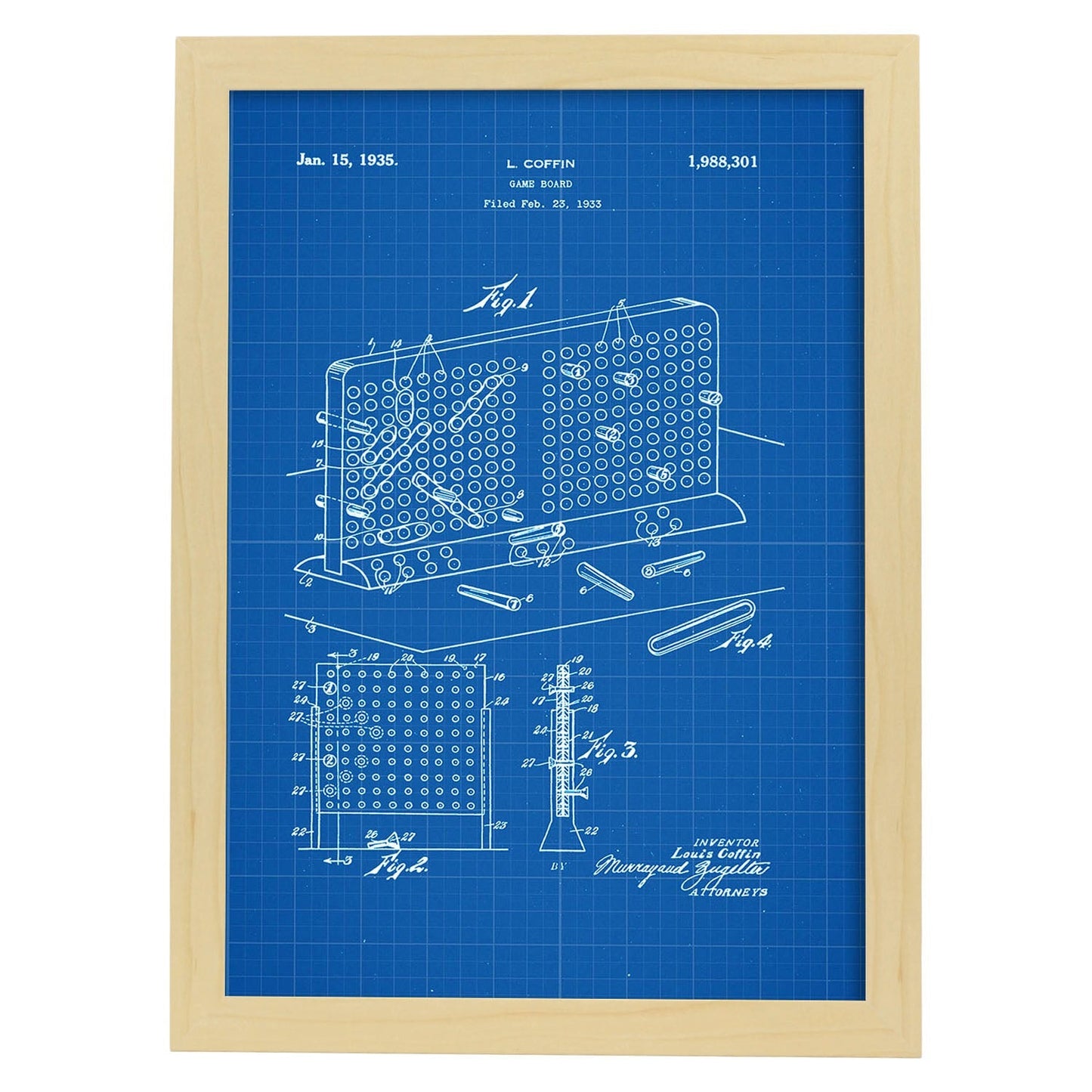 Poster con patente de Tres en raya en tablero. Lámina con diseño de patente antigua-Artwork-Nacnic-A4-Marco Madera clara-Nacnic Estudio SL
