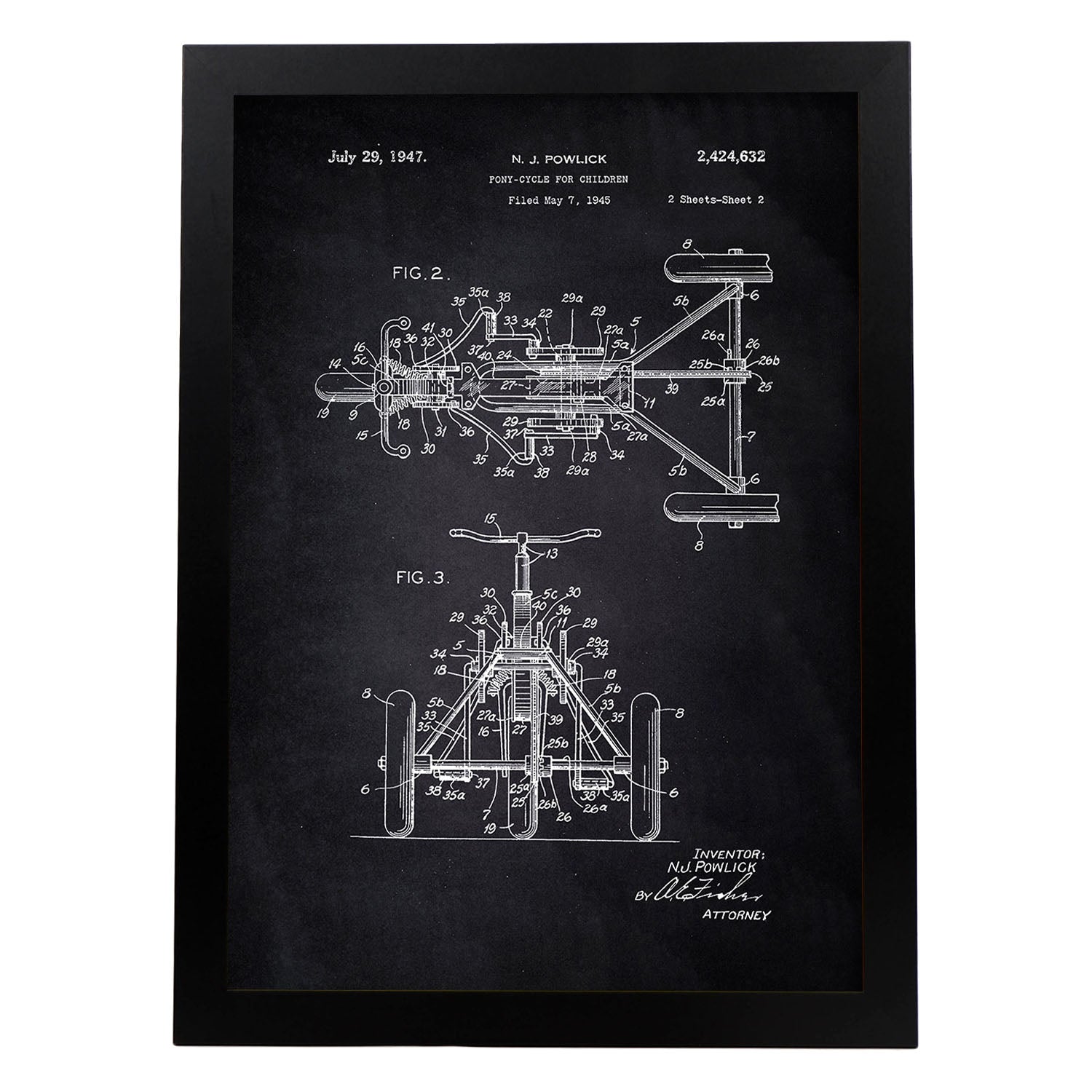 Poster con patente de Triciclo. Lámina con diseño de patente antigua-Artwork-Nacnic-A3-Marco Negro-Nacnic Estudio SL