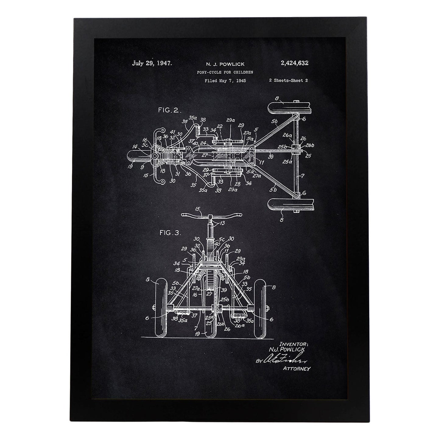 Poster con patente de Triciclo. Lámina con diseño de patente antigua-Artwork-Nacnic-A4-Marco Negro-Nacnic Estudio SL