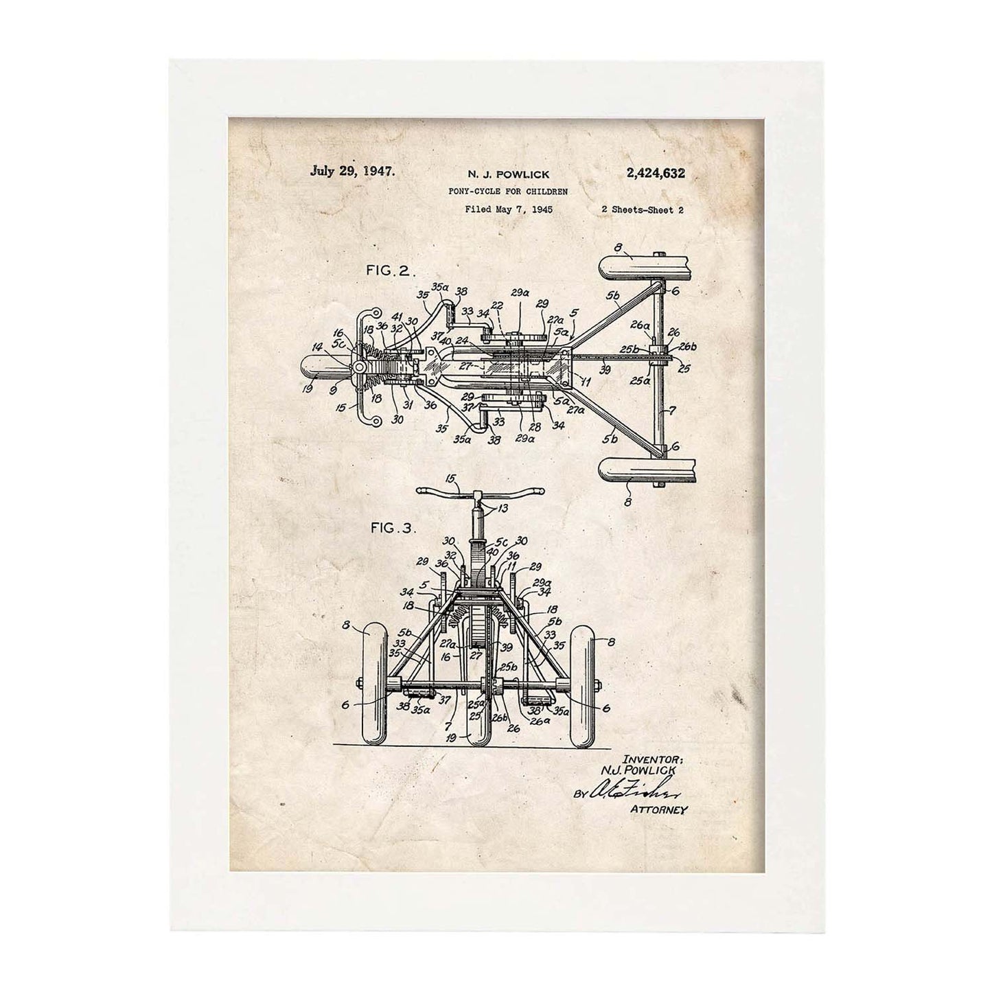Poster con patente de Triciclo. Lámina con diseño de patente antigua.-Artwork-Nacnic-A4-Marco Blanco-Nacnic Estudio SL