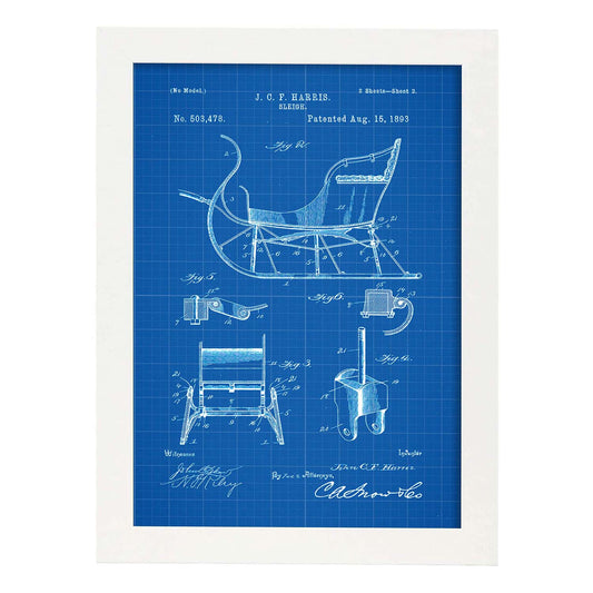 Poster con patente de Trineo. Lámina con diseño de patente antigua-Artwork-Nacnic-A4-Marco Blanco-Nacnic Estudio SL