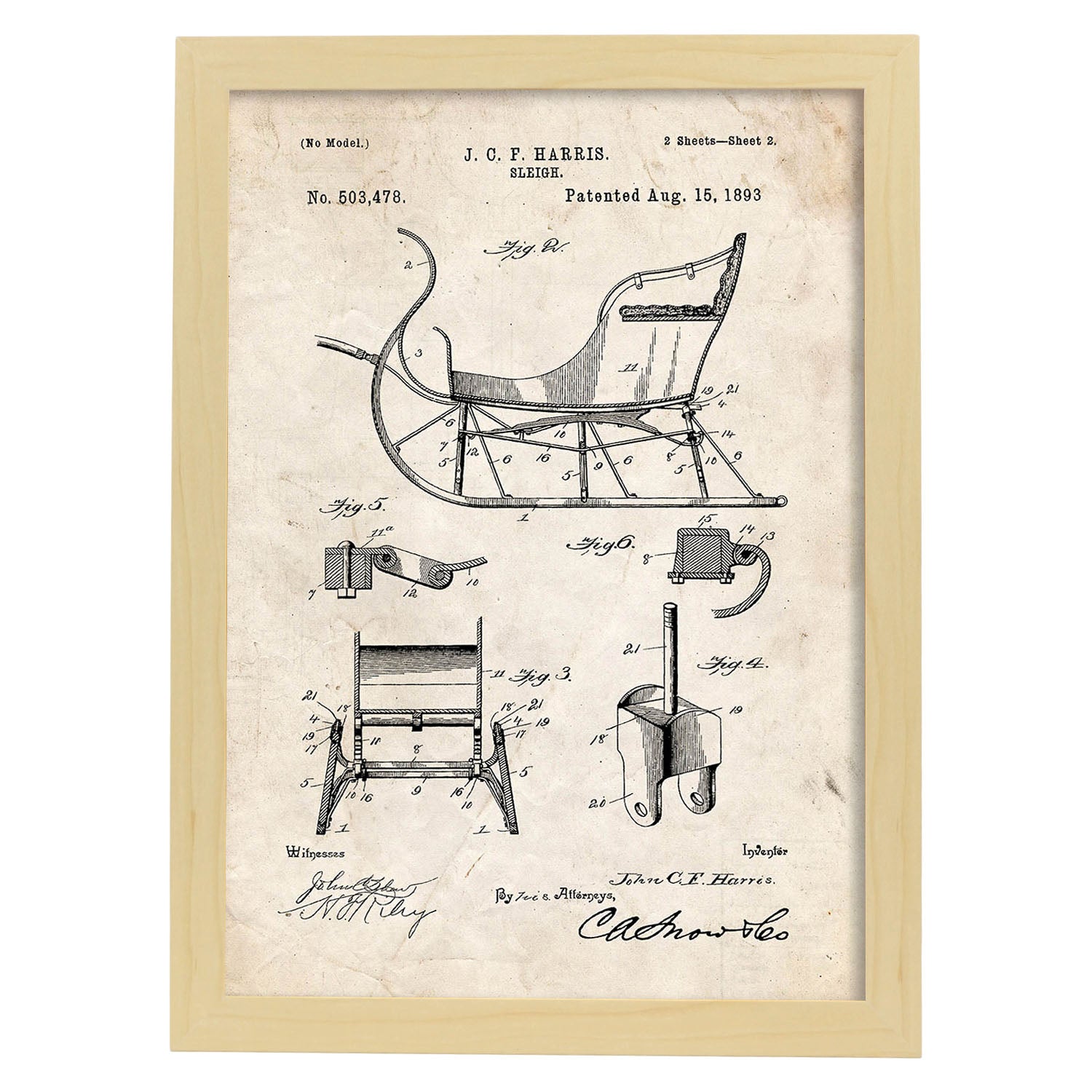 Poster con patente de Trineo. Lámina con diseño de patente antigua.-Artwork-Nacnic-A3-Marco Madera clara-Nacnic Estudio SL