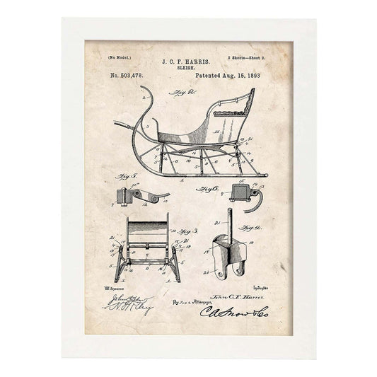 Poster con patente de Trineo. Lámina con diseño de patente antigua.-Artwork-Nacnic-A4-Marco Blanco-Nacnic Estudio SL