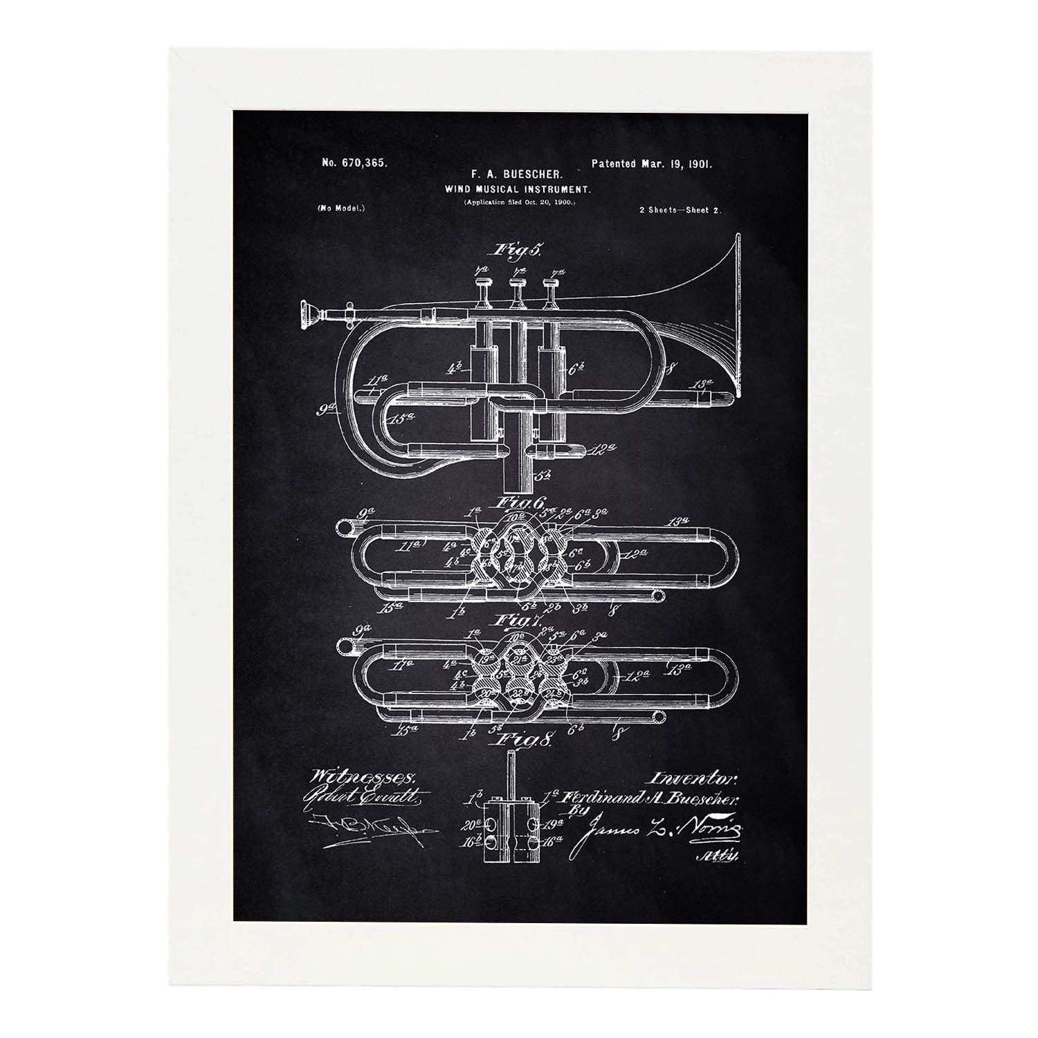 Poster con patente de Trompeta 2. Lámina con diseño de patente antigua-Artwork-Nacnic-A3-Marco Blanco-Nacnic Estudio SL