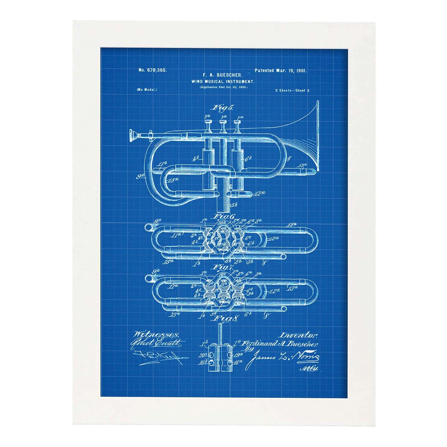 Poster con patente de Trompeta 2. Lámina con diseño de patente antigua-Artwork-Nacnic-A3-Marco Blanco-Nacnic Estudio SL